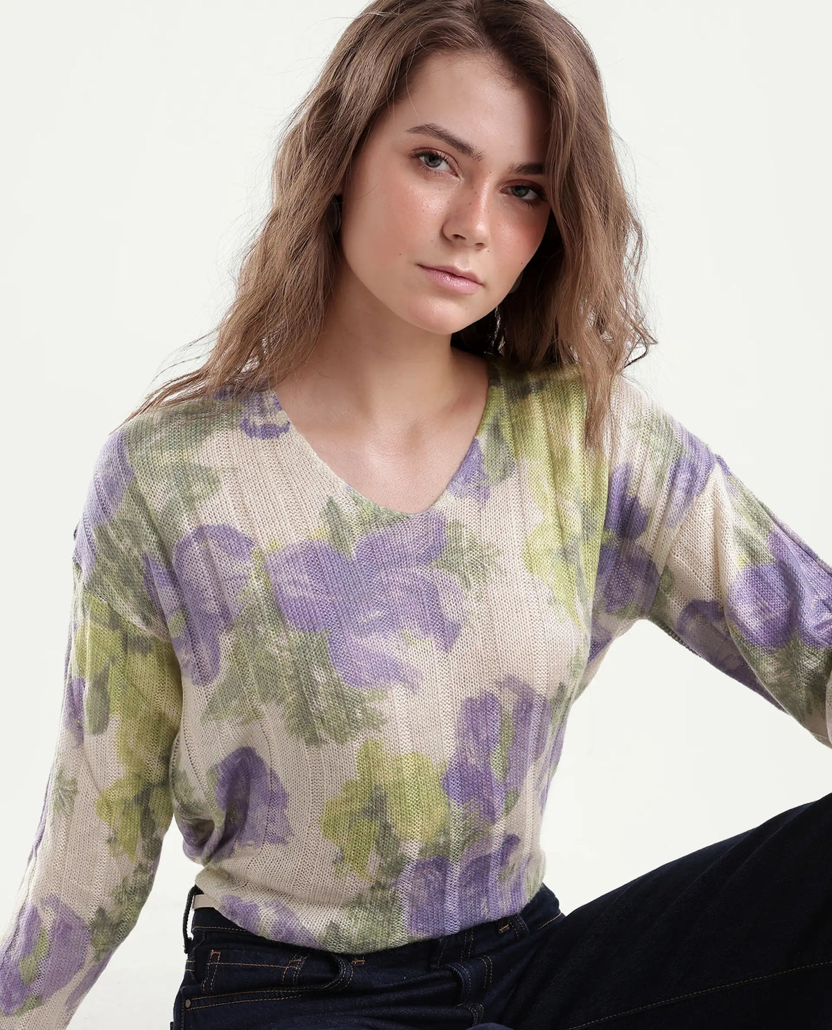 Rareism Women's Lassy Light Multi Acrylic Blend Pull-On Relaxed Fit Floral Print Sweater