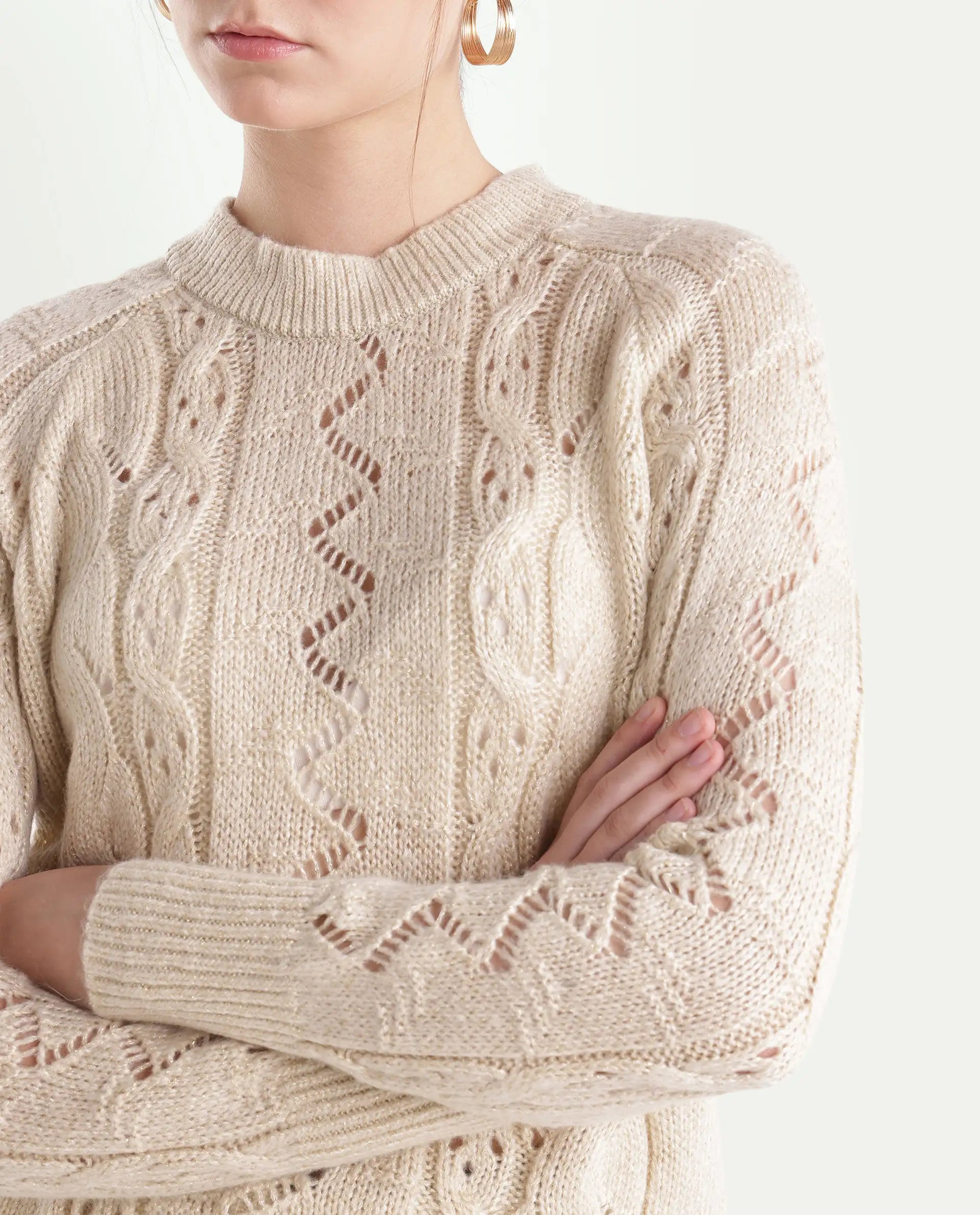 Rareism Women's Lonu Off White Acrylic Blend Pull-On Relaxed Fit Plain Sweater