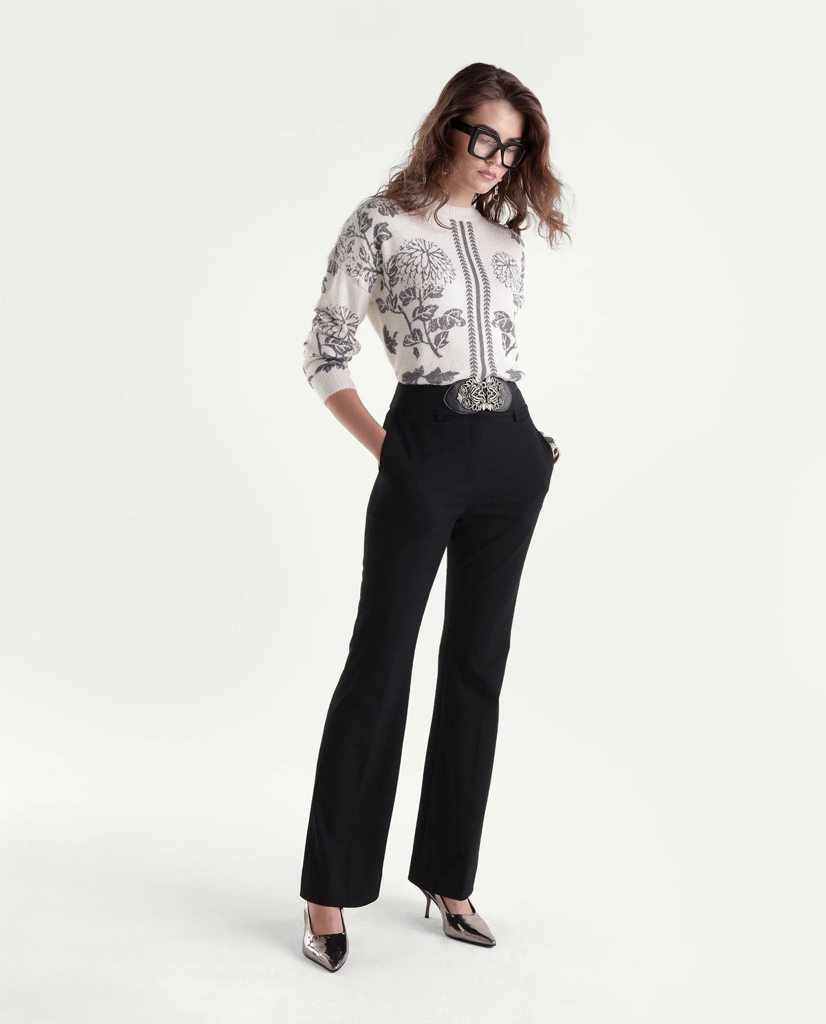 Rareism Women's Lerro Off White Nylon Blend Pull-On Relaxed Fit Floral Print Sweater