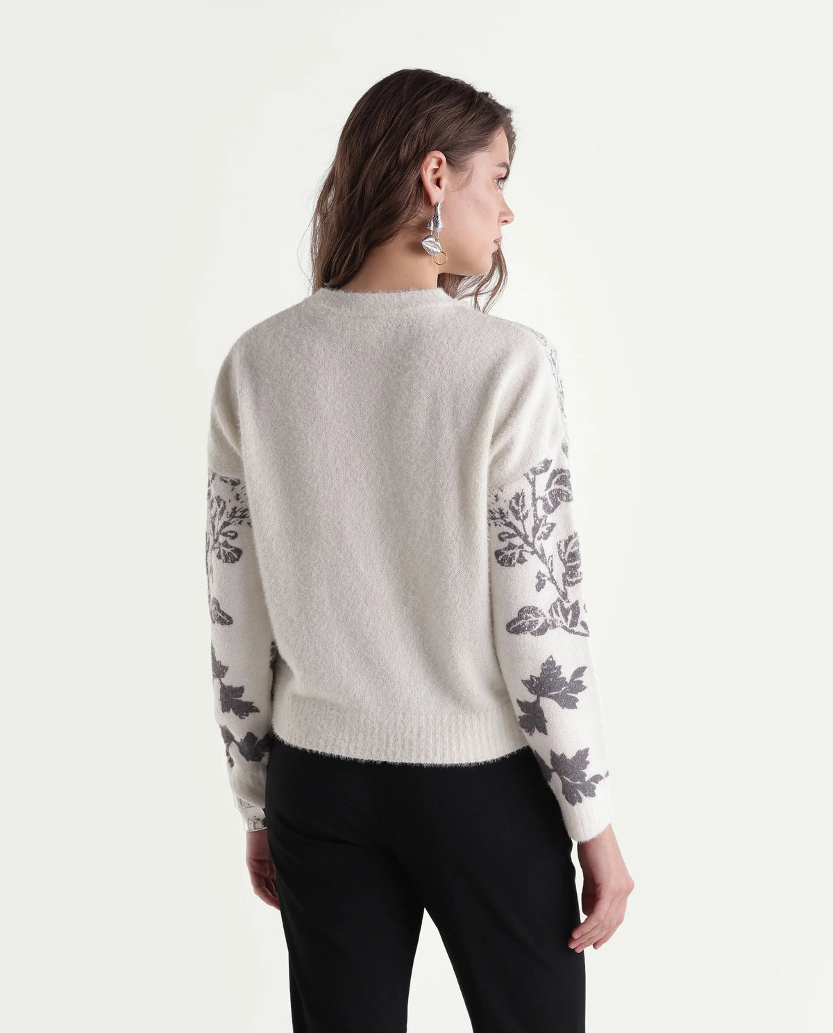 Rareism Women's Lerro Off White Nylon Blend Pull-On Relaxed Fit Floral Print Sweater
