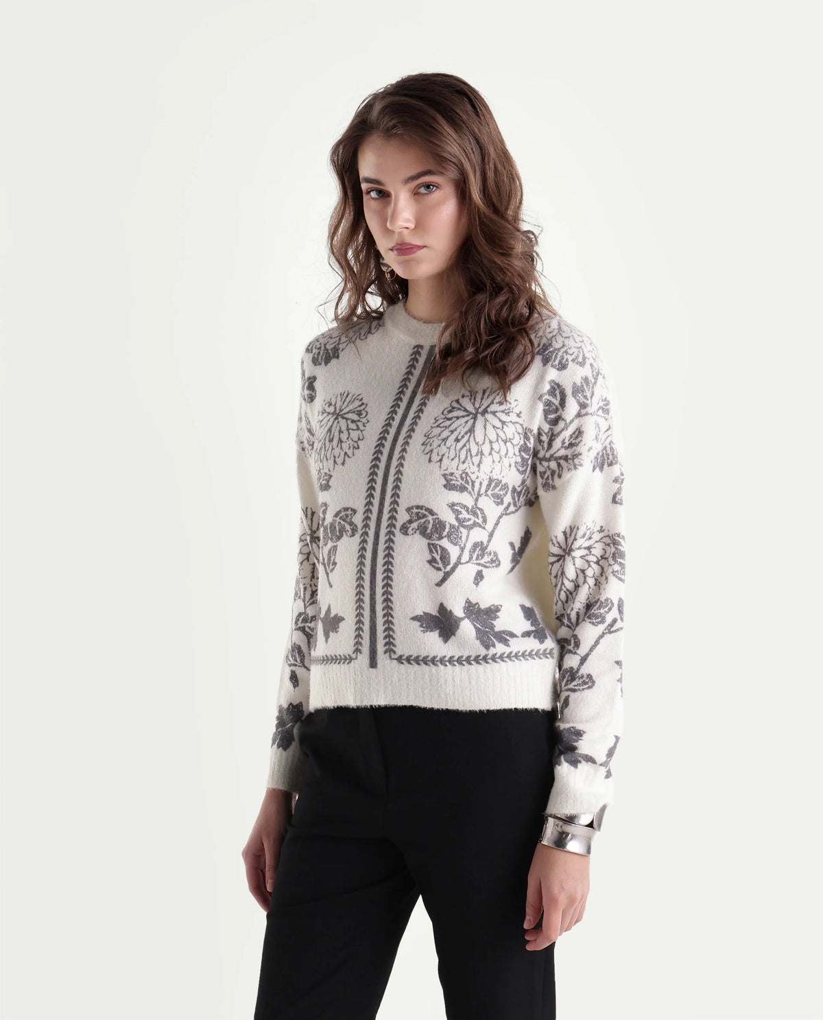Rareism Women's Lerro Off White Nylon Blend Pull-On Relaxed Fit Floral Print Sweater