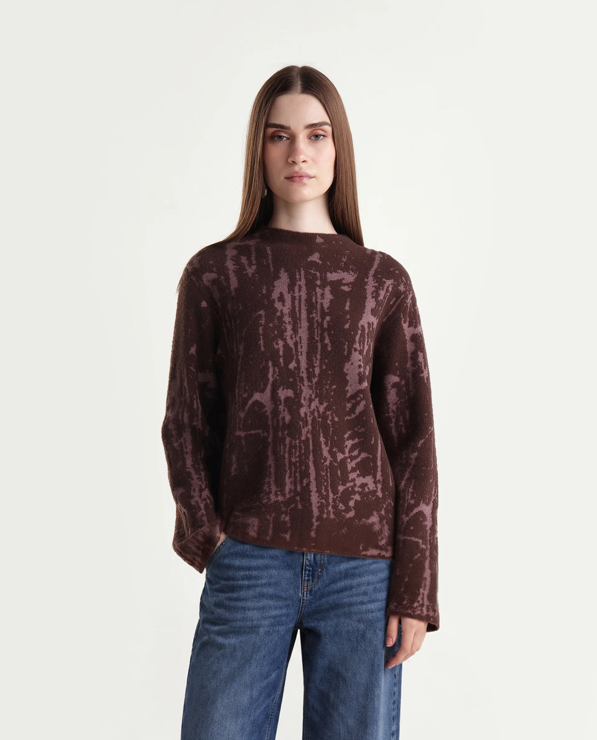Rareism Women's Loddy Dark Brown Viscose Blend Pull-On Relaxed Fit Abstract Print Sweater - image 7