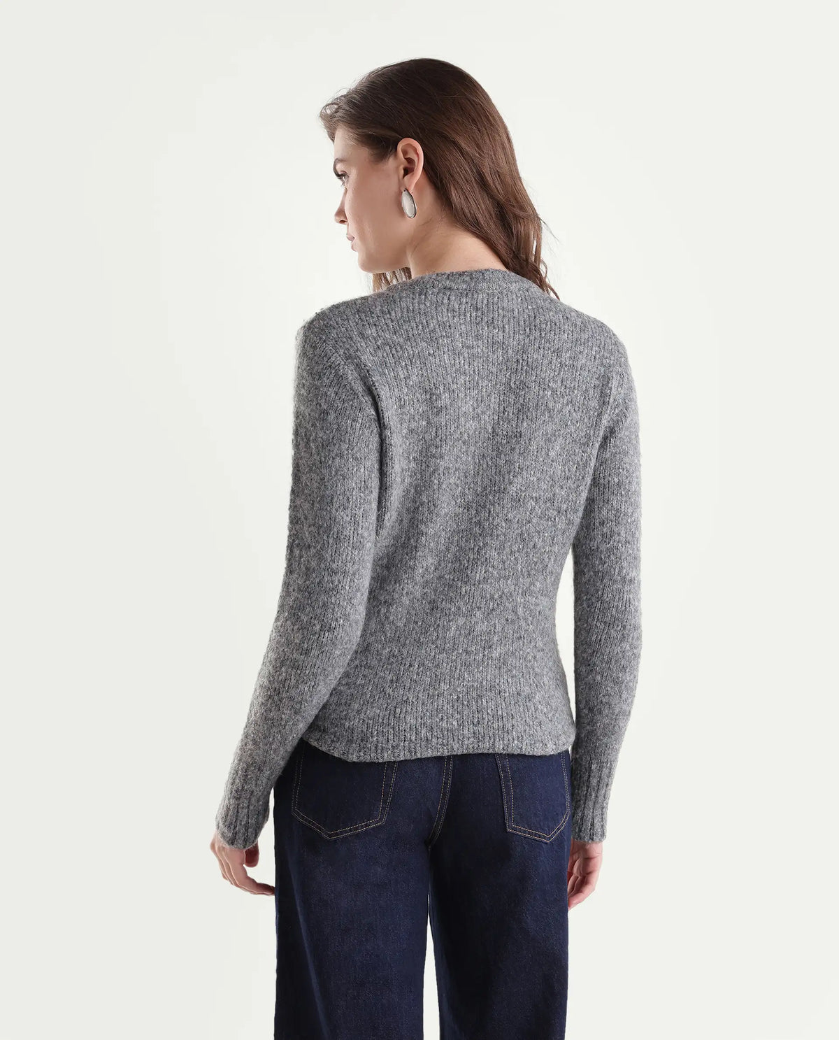 Rareism Women's Livay Light Grey Acrylic Blend Pull-On Regular Fit Plain Sweater