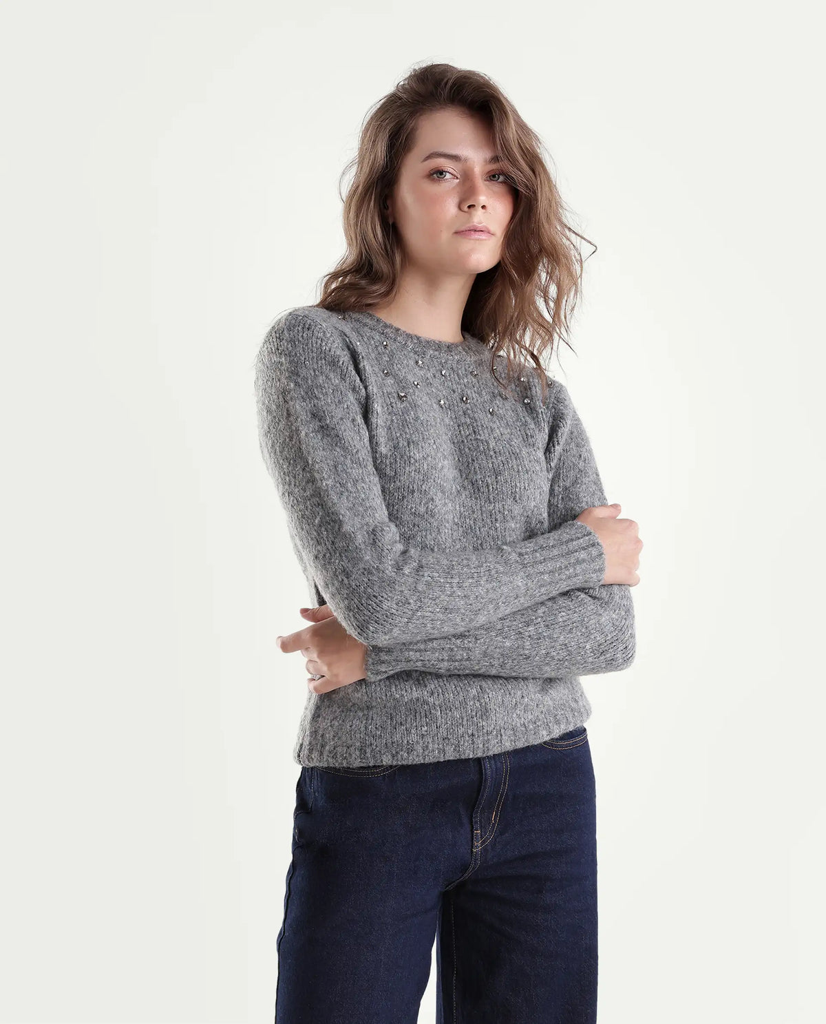 Rareism Women's Livay Light Grey Acrylic Blend Pull-On Regular Fit Plain Sweater