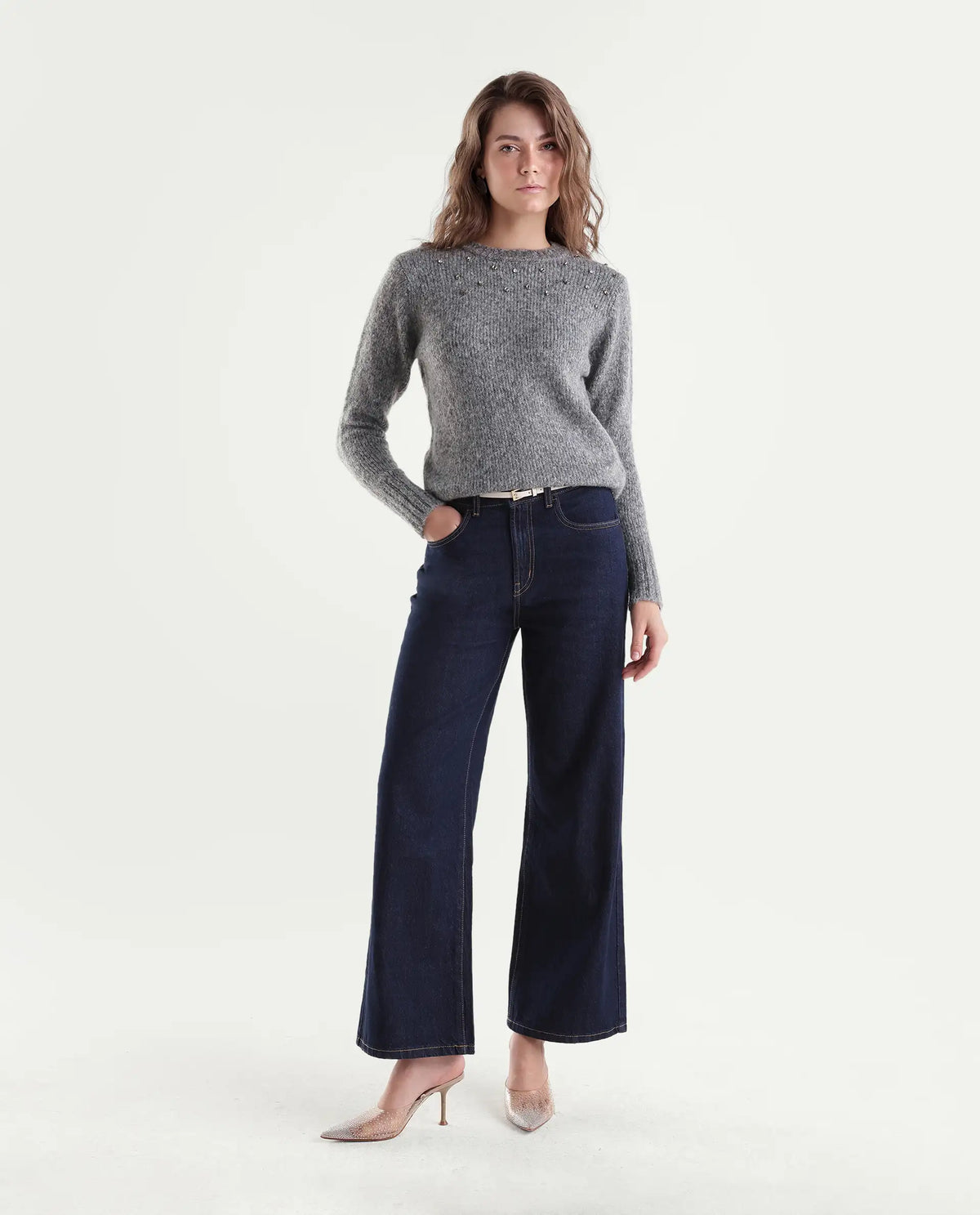 Rareism Women's Livay Light Grey Acrylic Blend Pull-On Regular Fit Plain Sweater