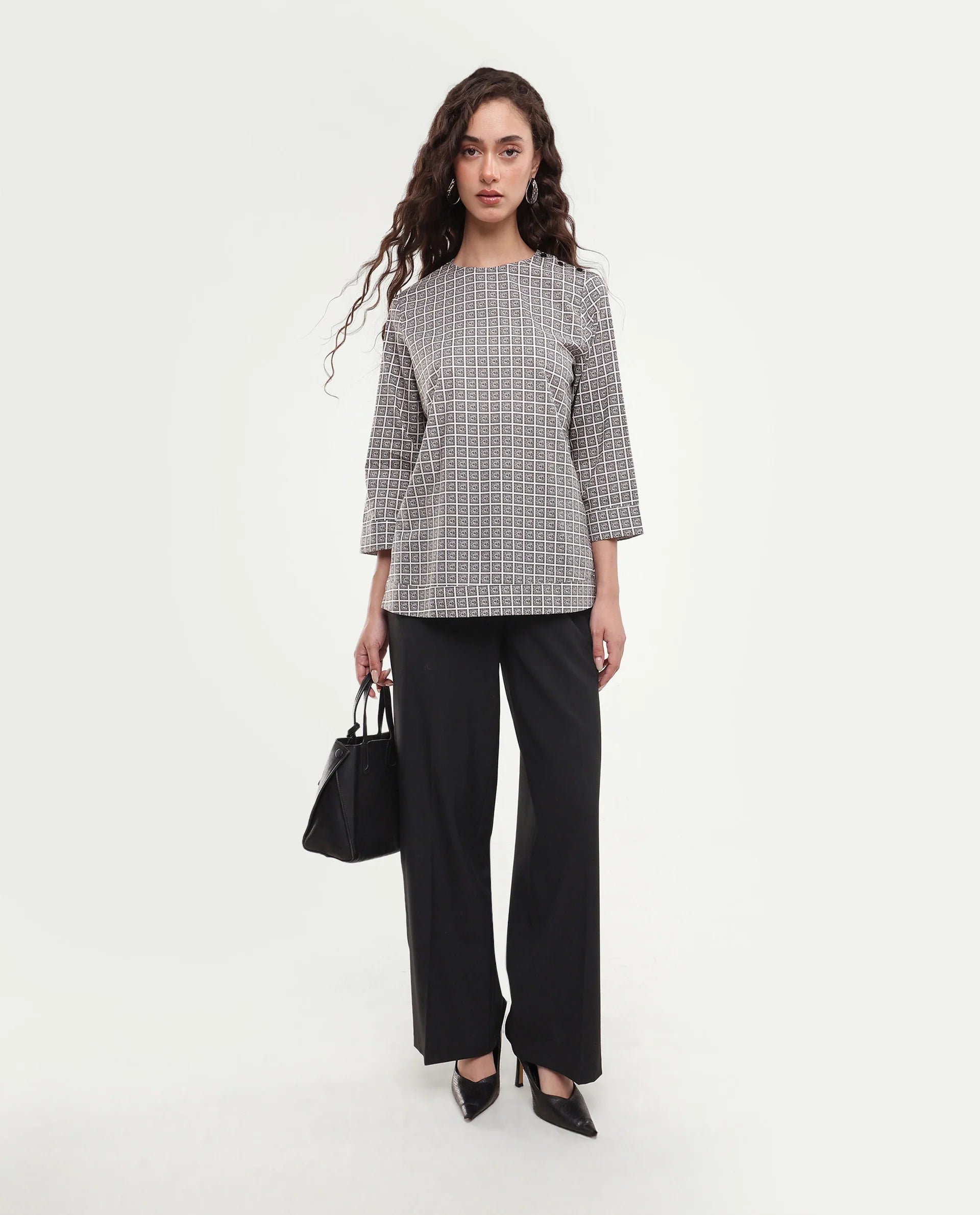 Rareism Women's Mahj Beige Geometric Cotton A-Line Three Quarter Sleeve Top