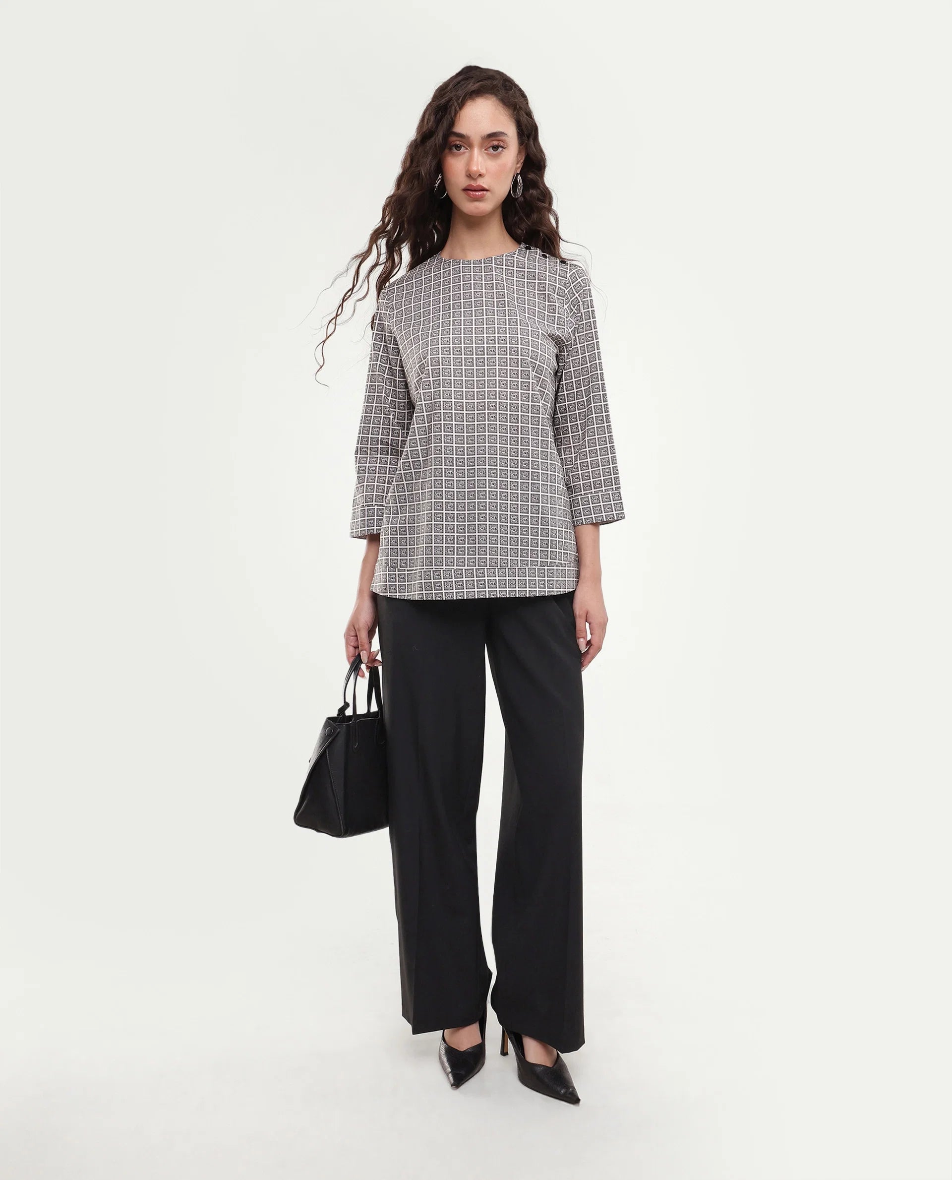 Rareism Women's Mahj Beige Geometric Cotton A-Line Three Quarter Sleeve Top