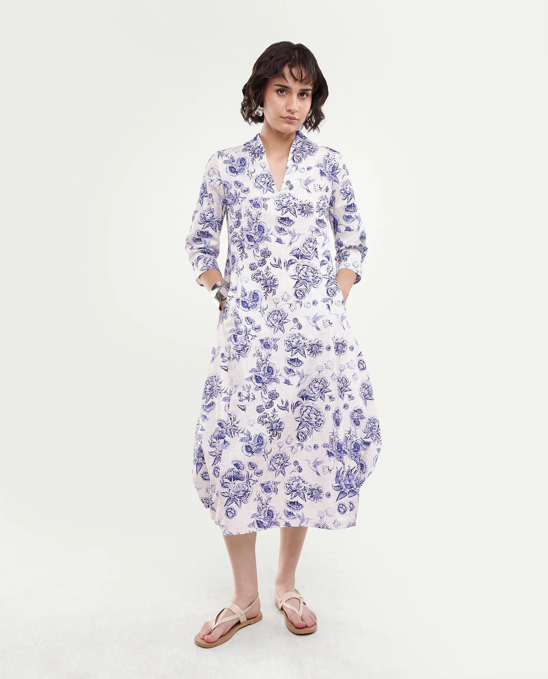Rareism Women's Mandro Beige Floral Cotton A-Line Three Quarter Sleeve Dress