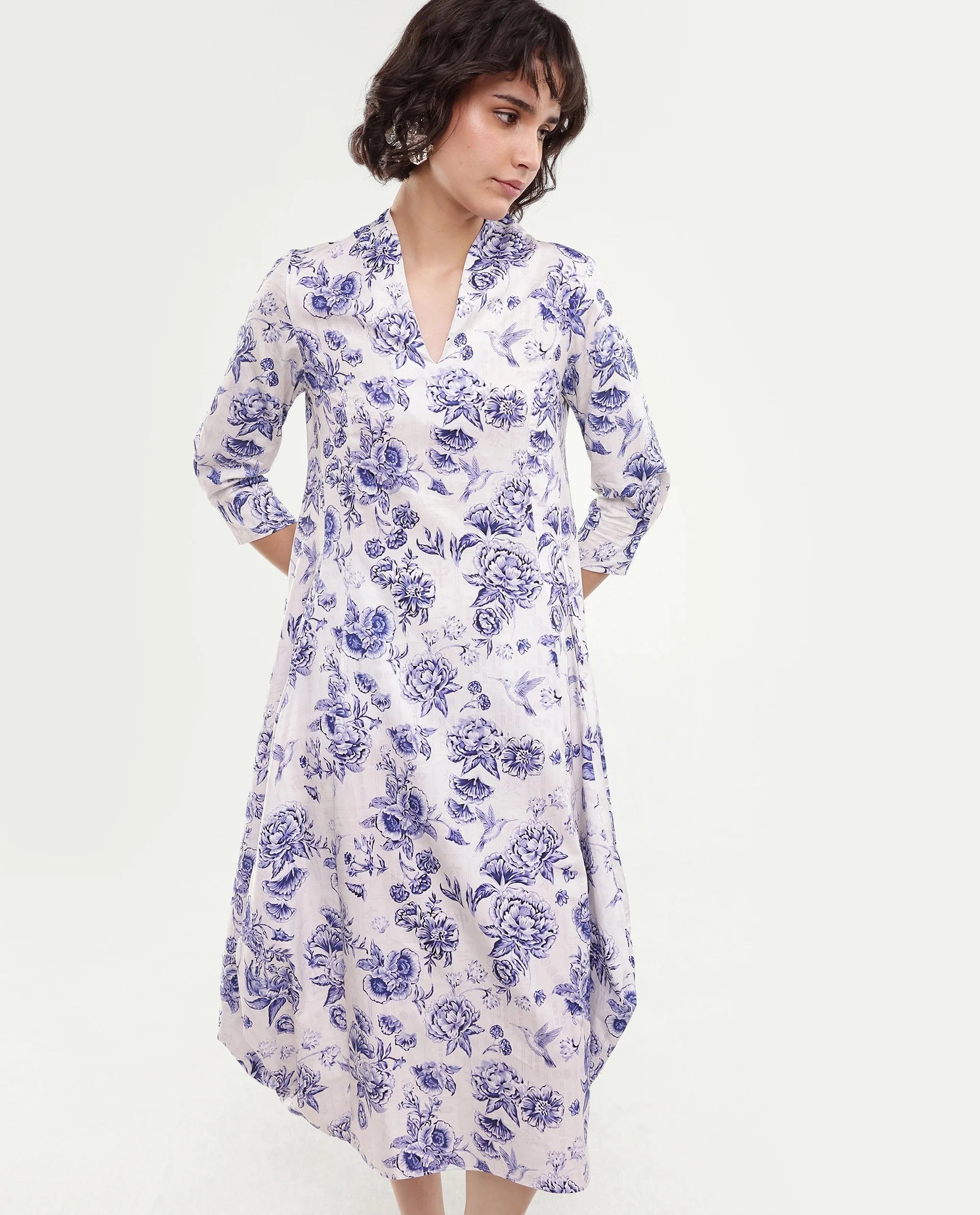 Rareism Women's Mandro Beige Floral Cotton A-Line Three Quarter Sleeve Dress