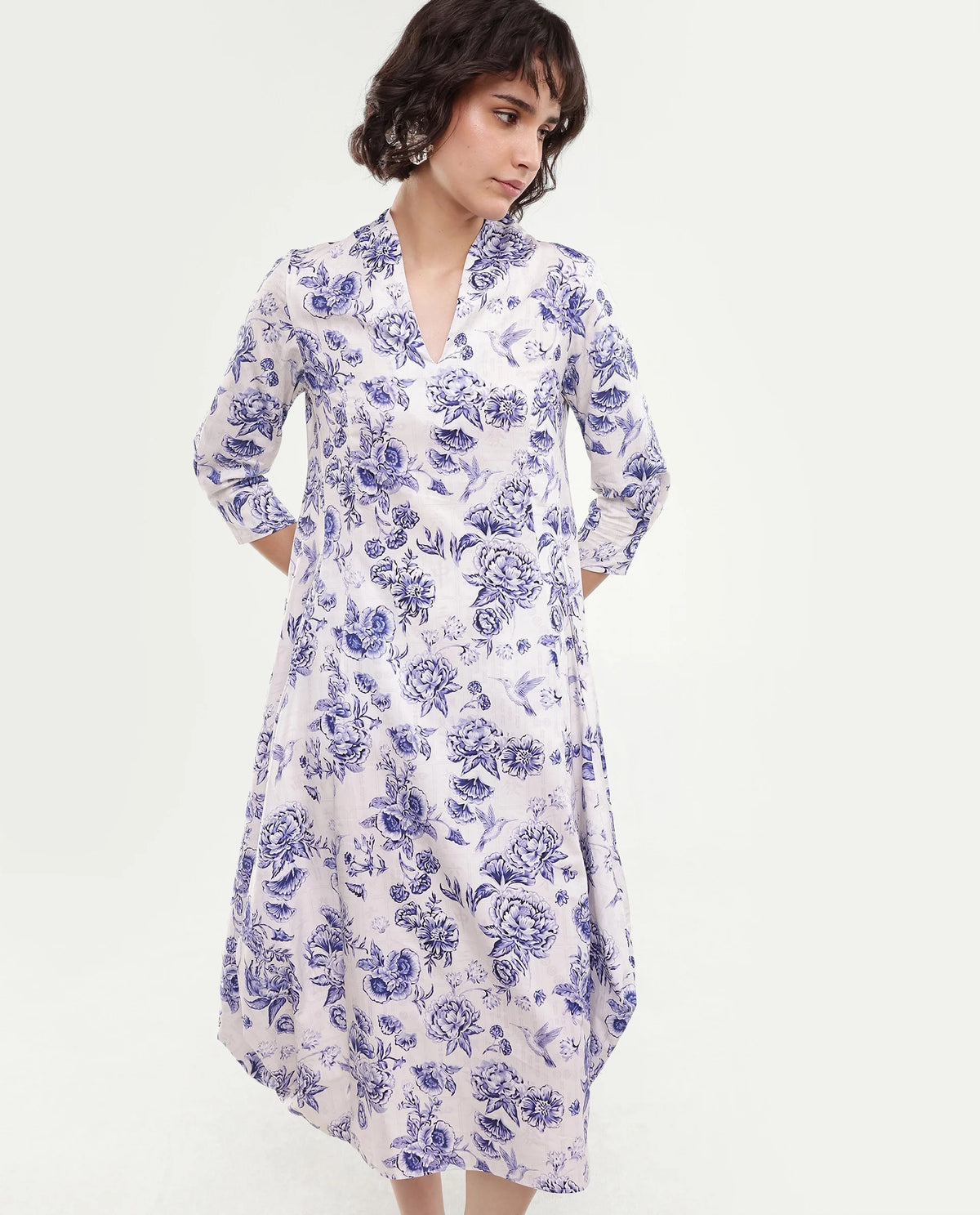 Rareism Women's Manda Beige Floral Cotton A-Line Three Quarter Sleeve Dress