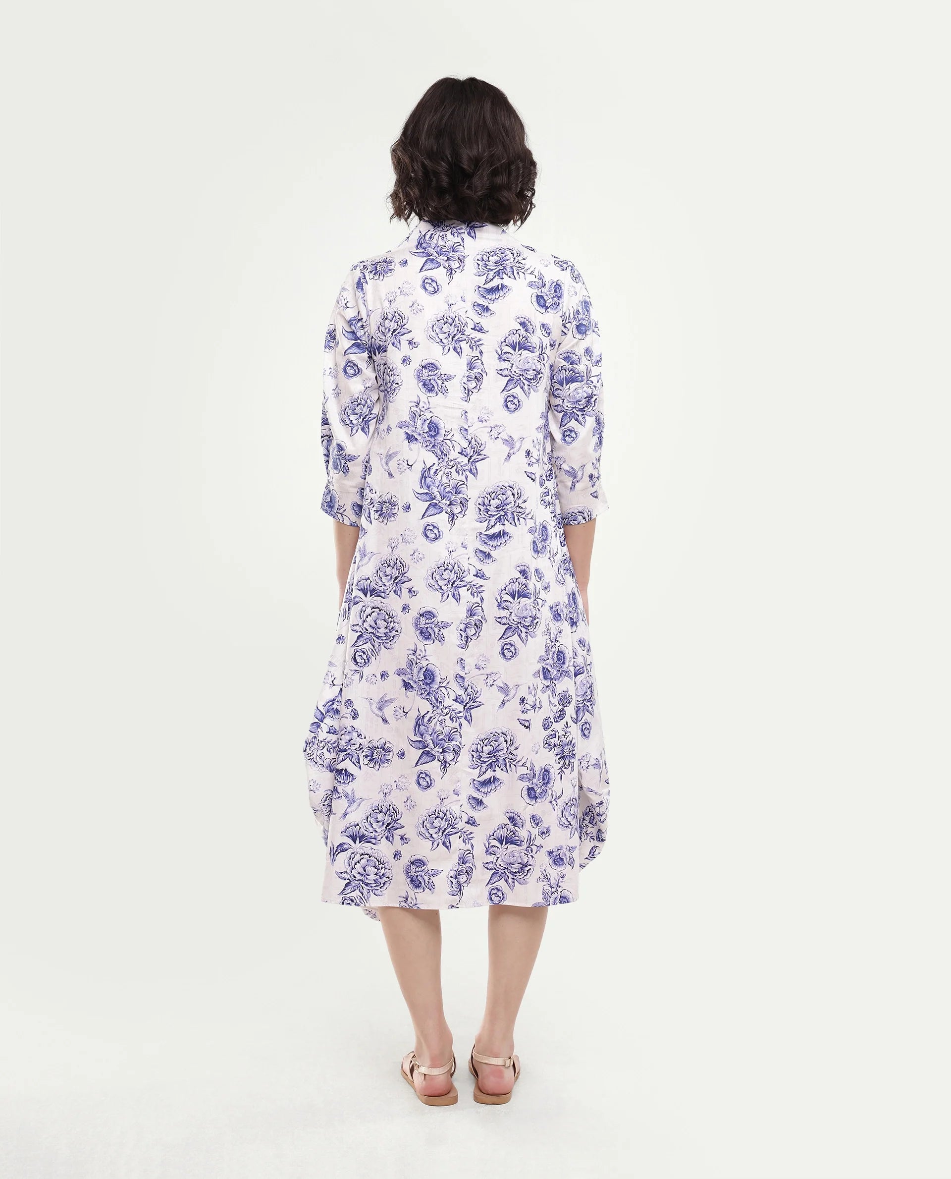 Rareism Women's Mandro Beige Floral Cotton A-Line Three Quarter Sleeve Dress