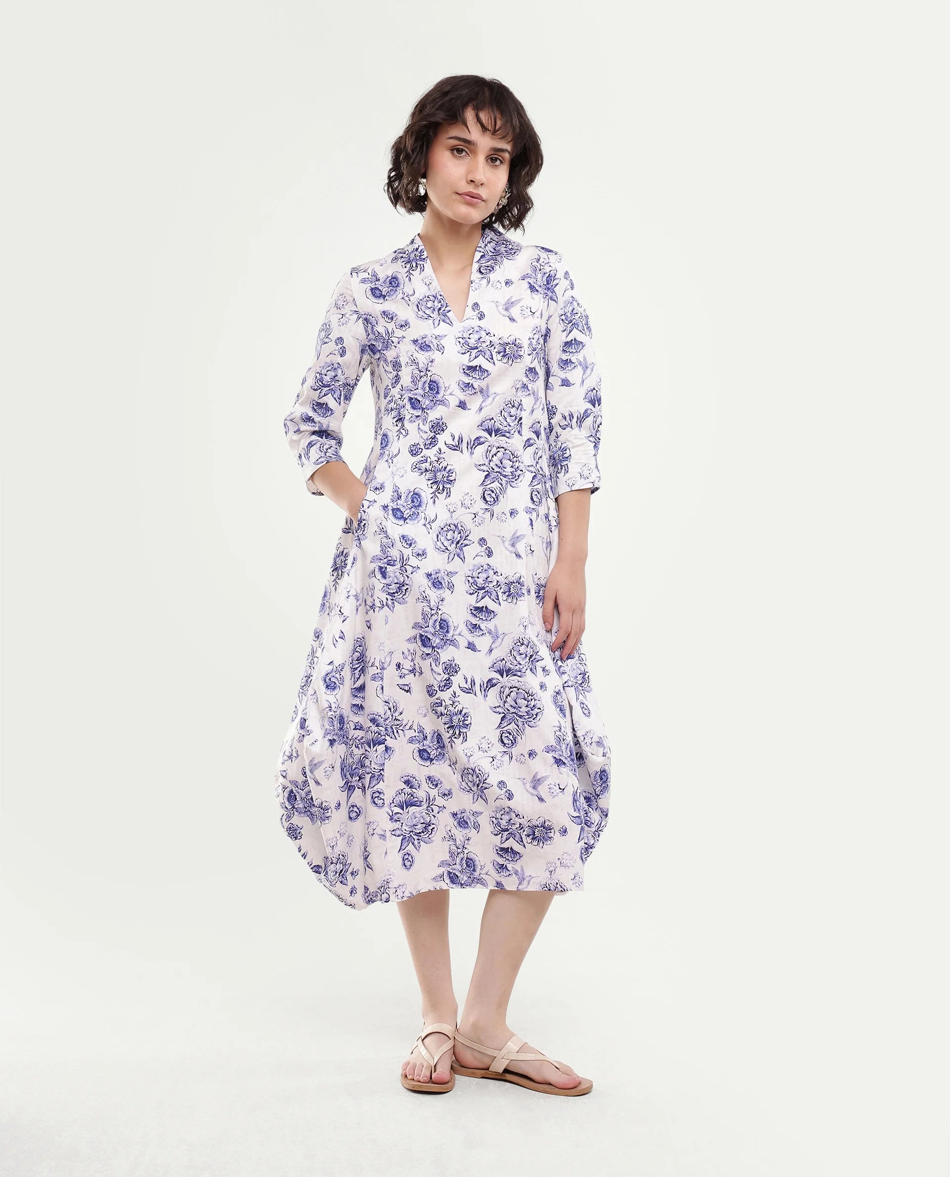 Rareism Women's Mandro Beige Floral Cotton A-Line Three Quarter Sleeve Dress