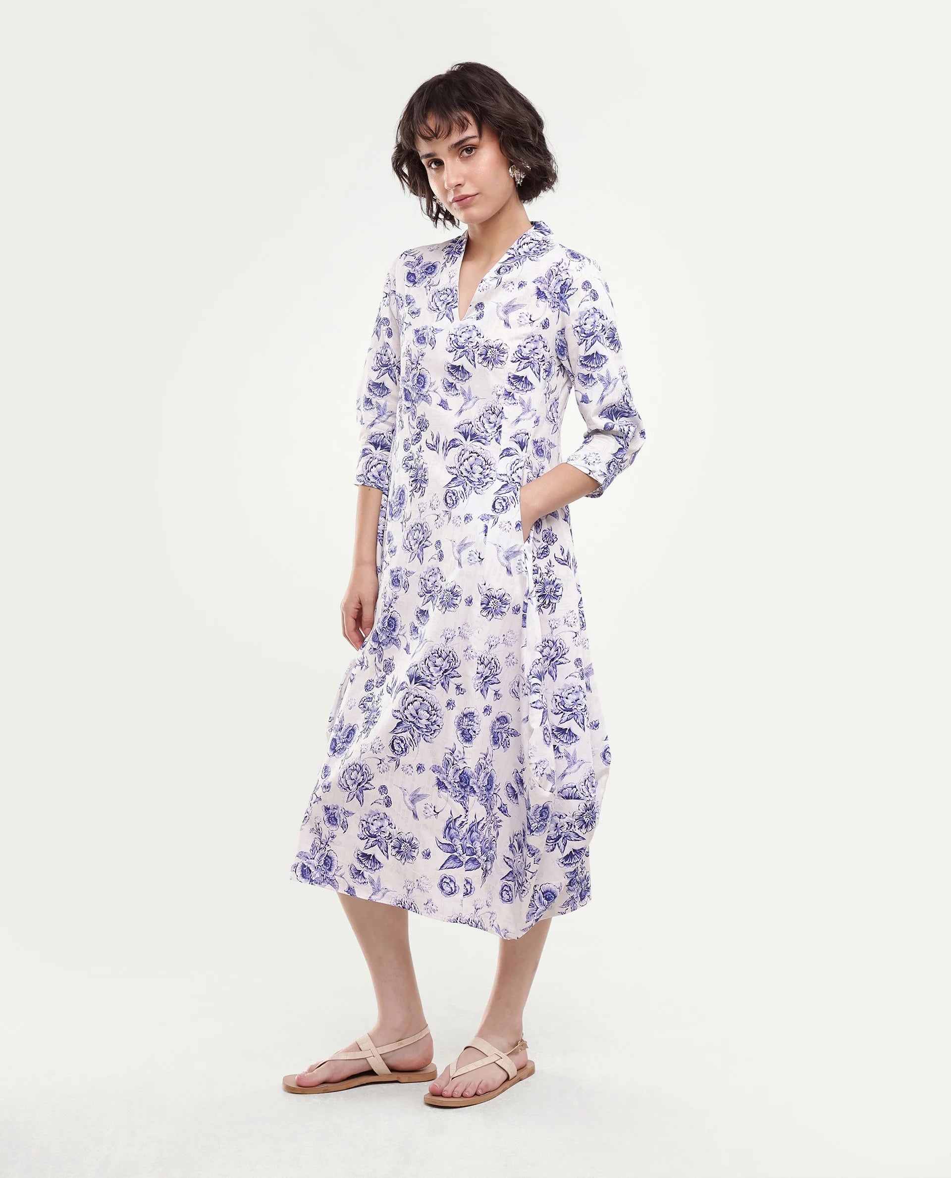 Rareism Women's Mandro Beige Floral Cotton A-Line Three Quarter Sleeve Dress