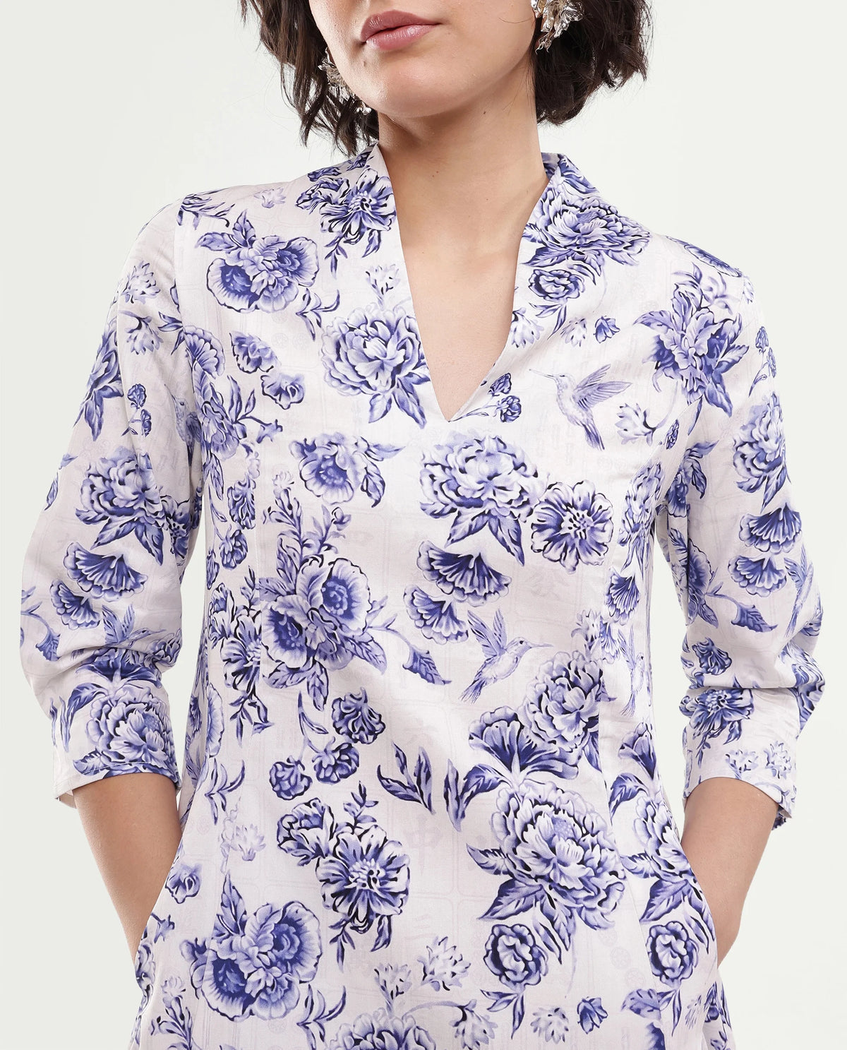 Rareism Women's Manda Beige Floral Cotton A-Line Three Quarter Sleeve Dress