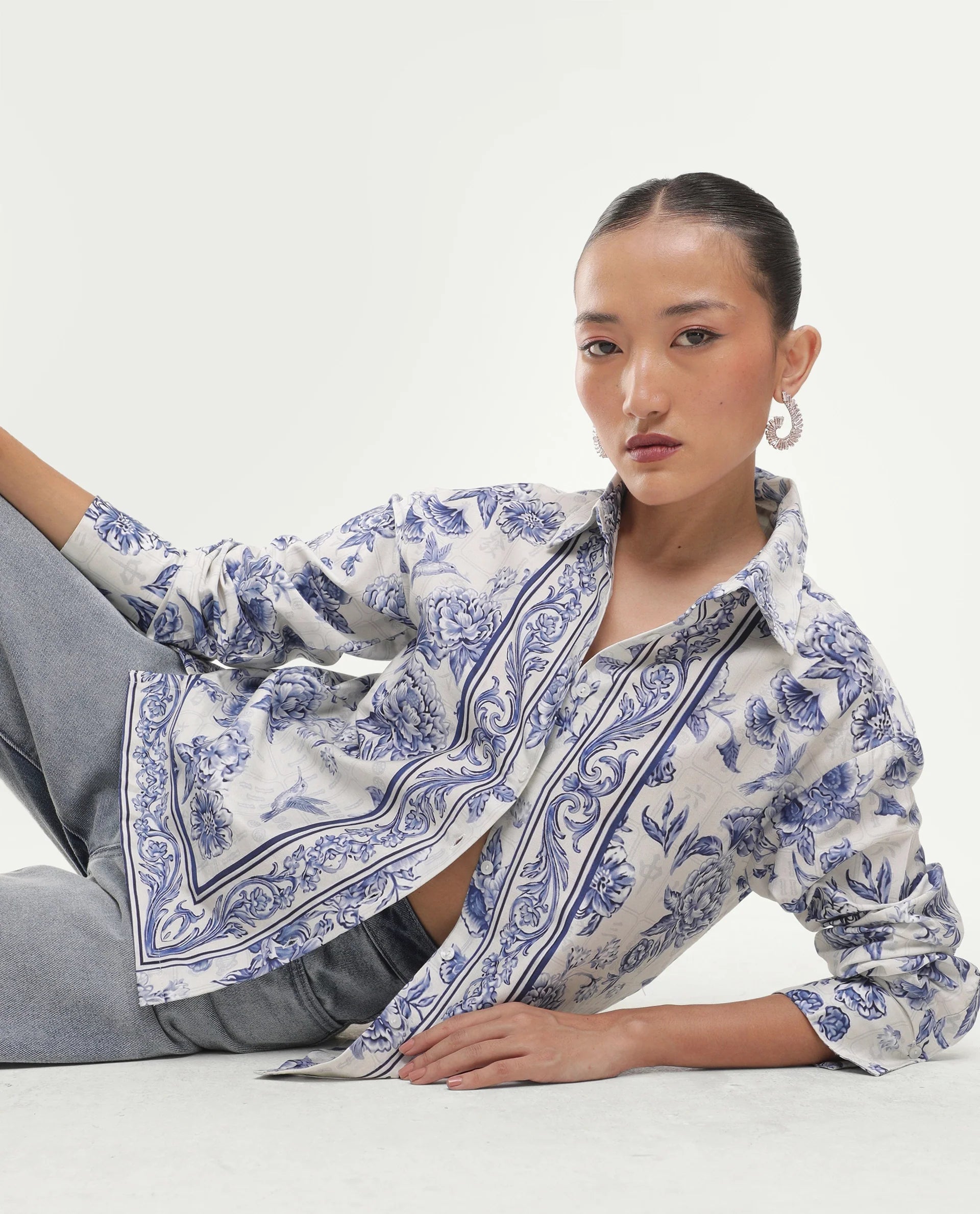 Rareism Women's Mandro Beige Cotton Button Relaxed Fit Floral Print Shirt