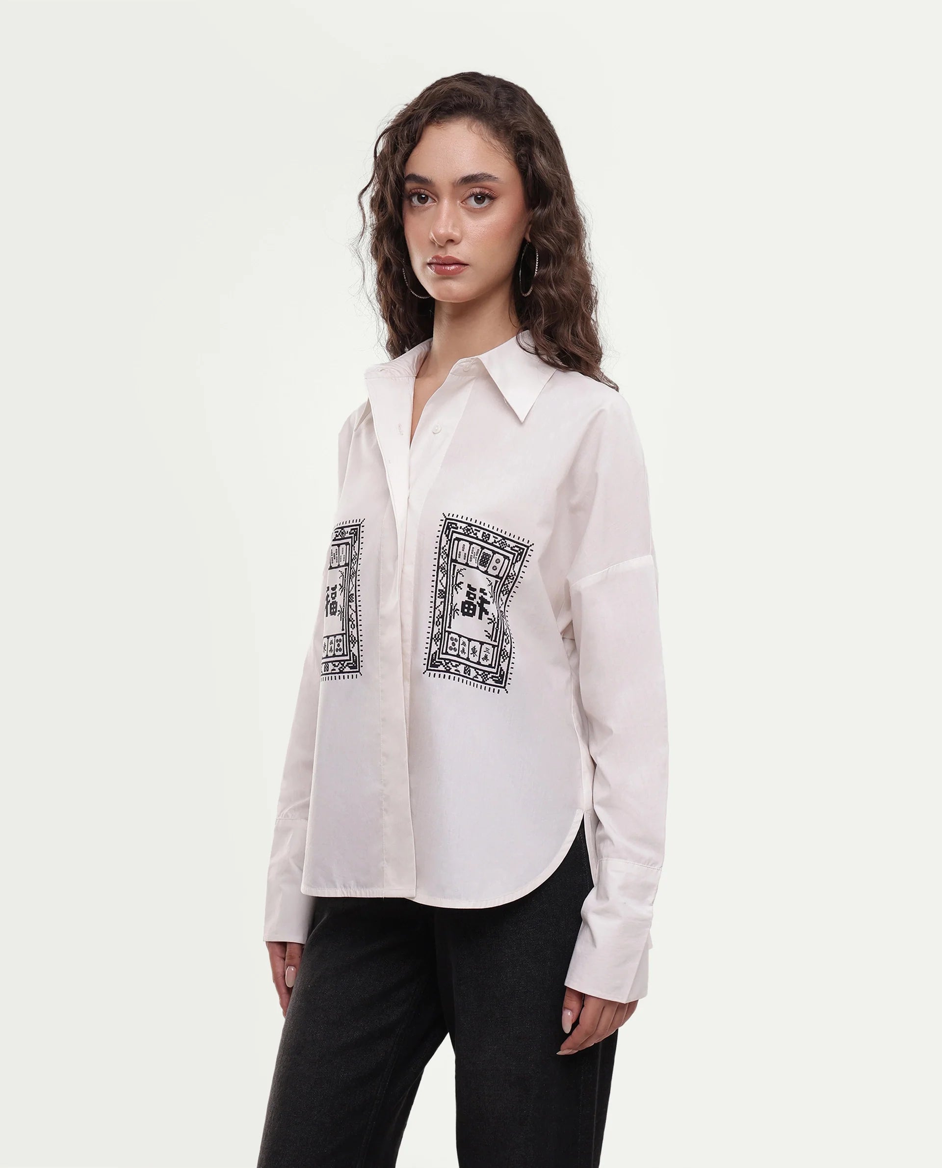 Rareism Women's Moni Beige Cotton Button Relaxed Fit Shirt