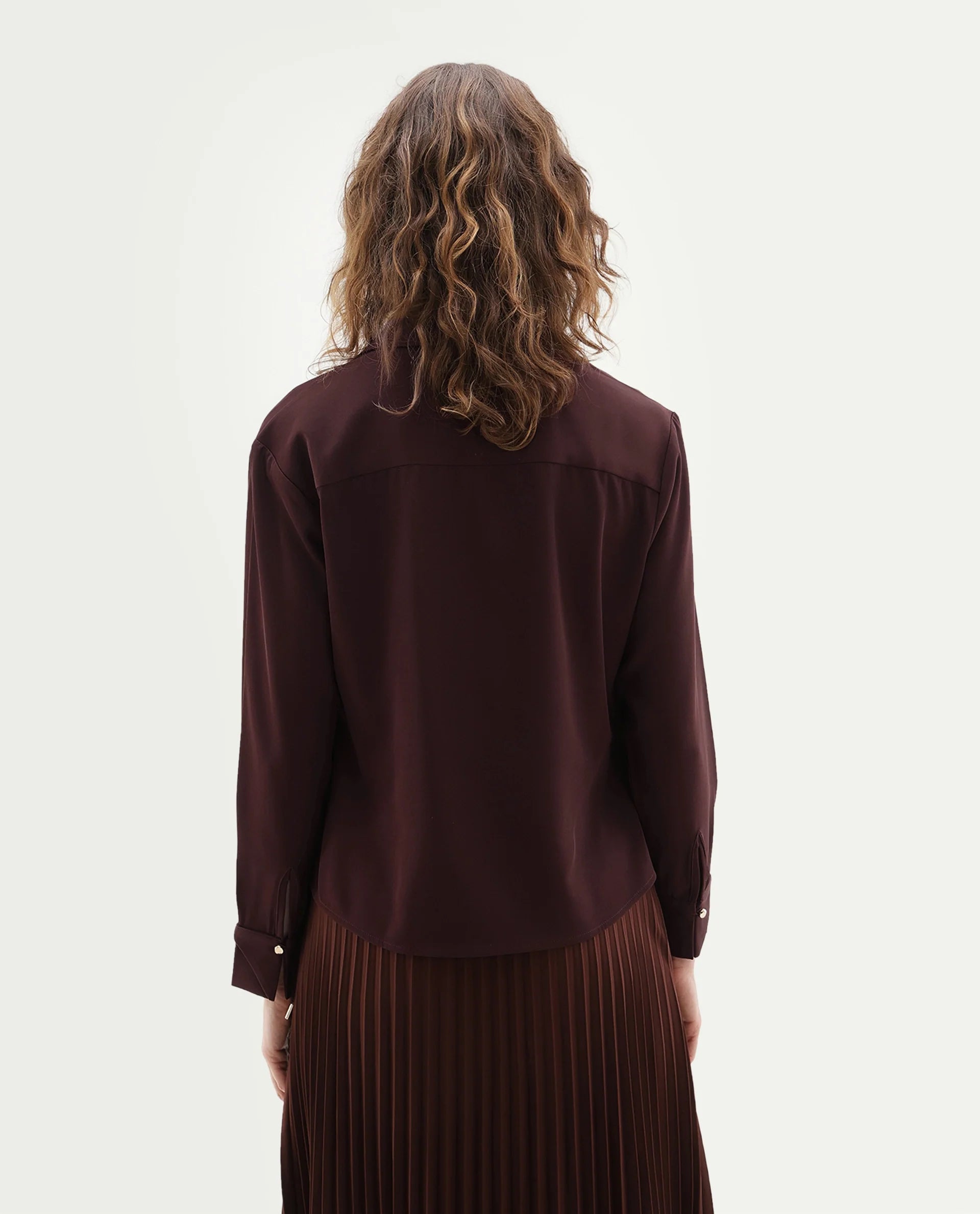 Rareism Women's Qansu-T Primary Brown Polyester Spread Collar Wrap Plain Top