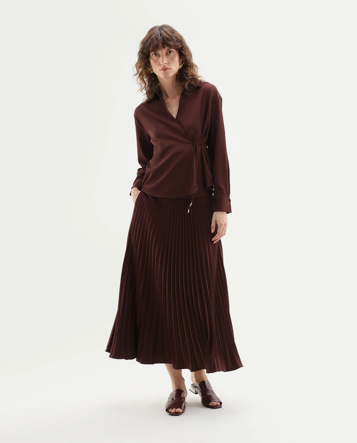 Rareism Women's Qansu-B Primary Brown Polyester Flared Plain Skirt