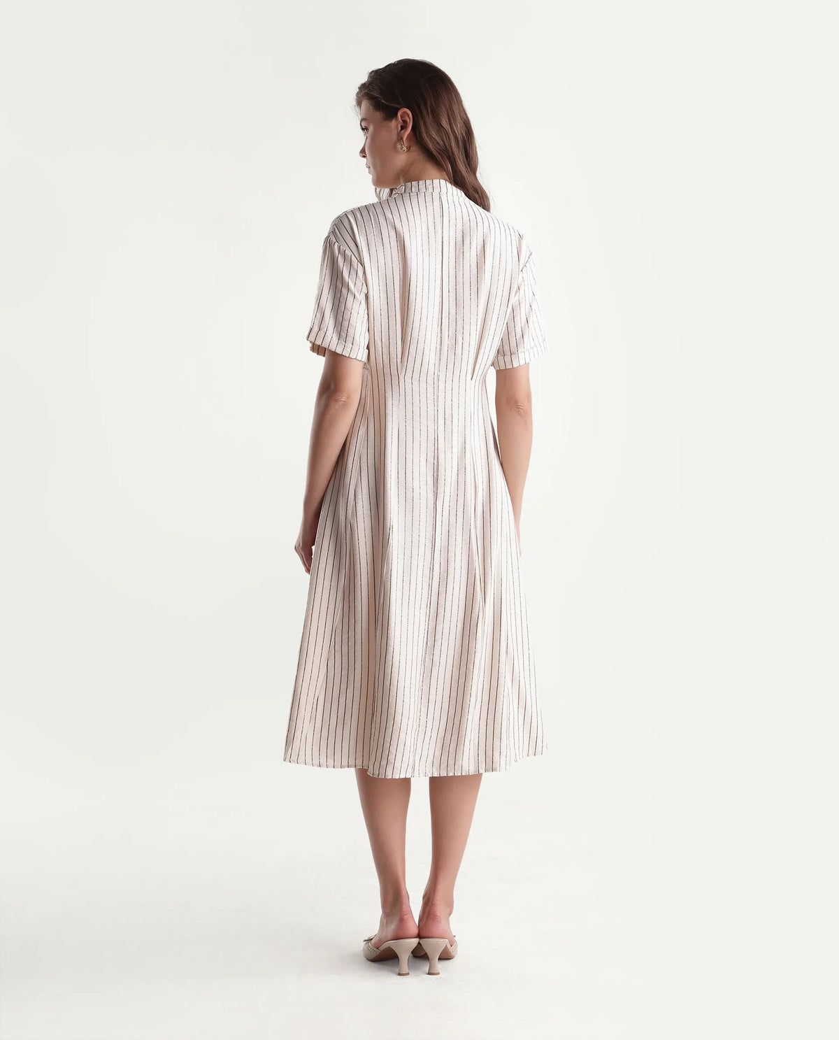 Rareism Women's Fisty Primary Beige Viscose Blend V-Neck Fit And Flare Striped Dress
