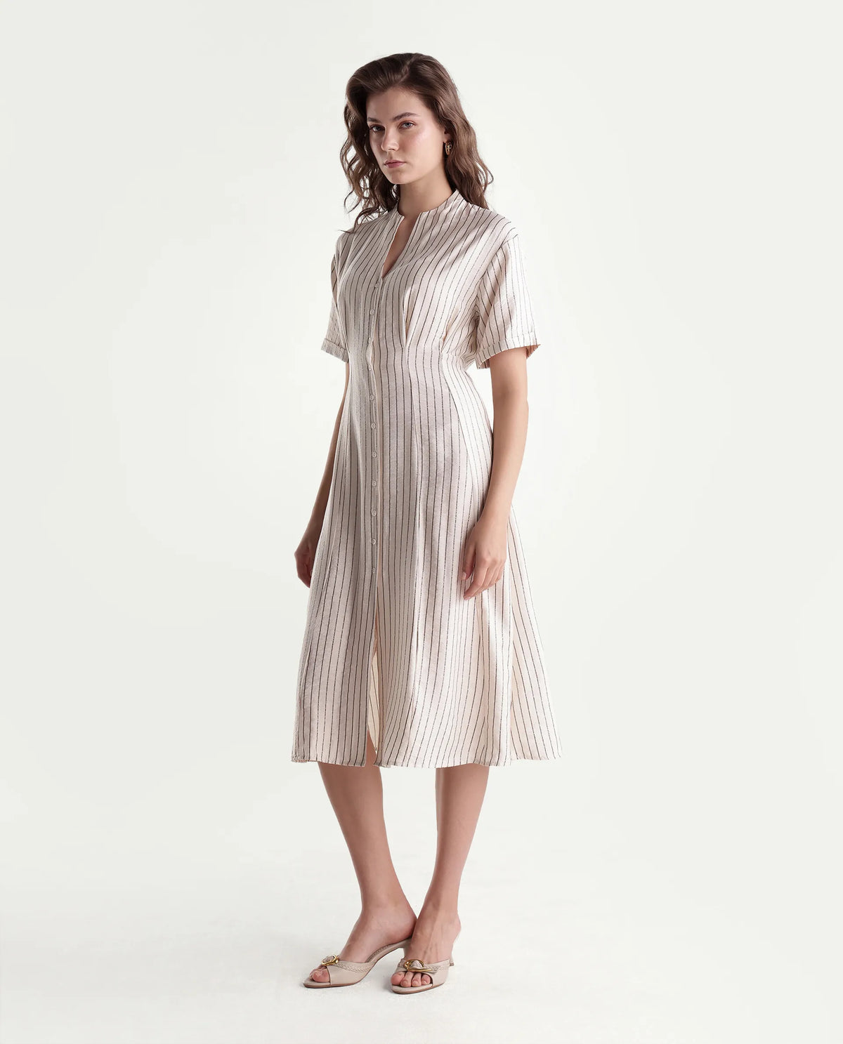Rareism Women's Fisty Primary Beige Viscose Blend V-Neck Fit And Flare Striped Dress