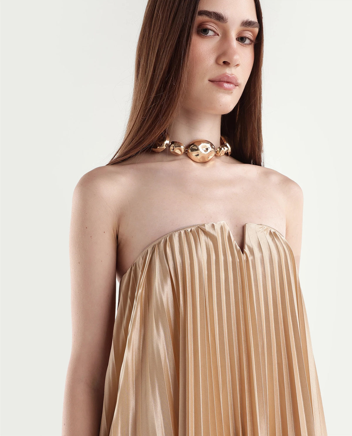 Rareism Women's Pichy Light Gold Polyester Zipper Empire Waist Plain Dress - image 3