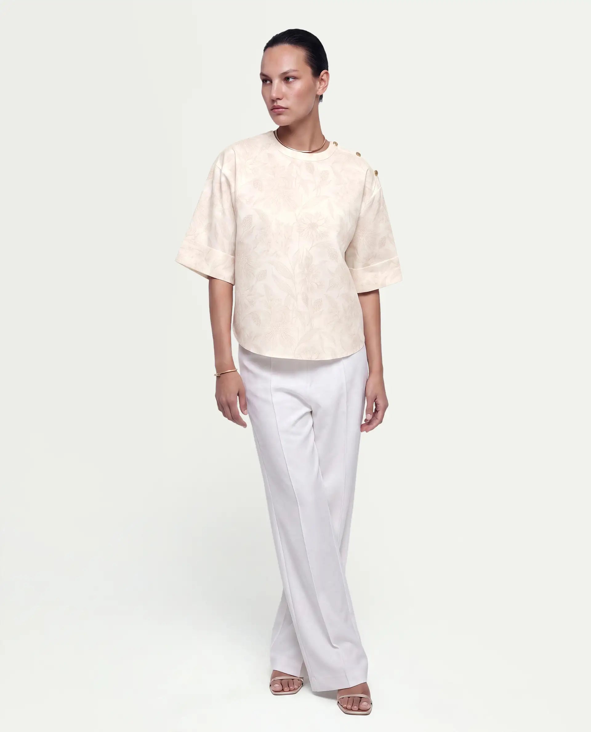 Rareism Women's Ozaro Beige Linen Blend Crew Neck Relaxed Floral Print Top