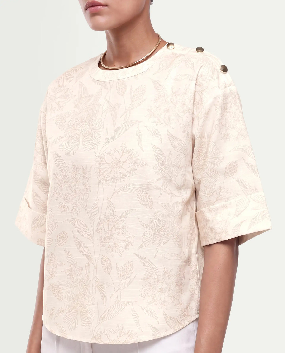 Rareism Women's Ozaro Beige Linen Blend Crew Neck Relaxed Floral Print Top