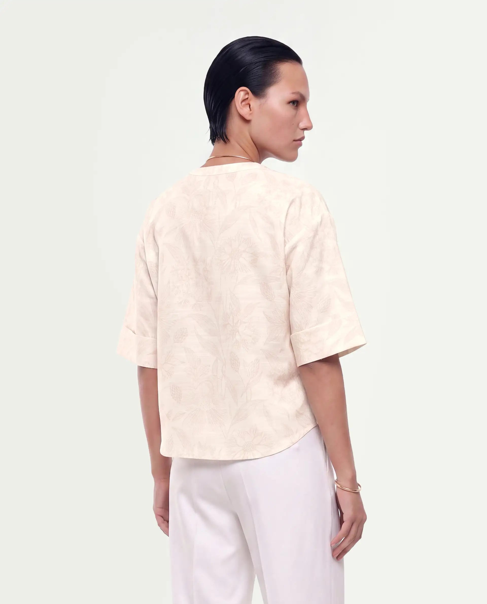 Rareism Women's Ozaro Beige Linen Blend Crew Neck Relaxed Floral Print Top