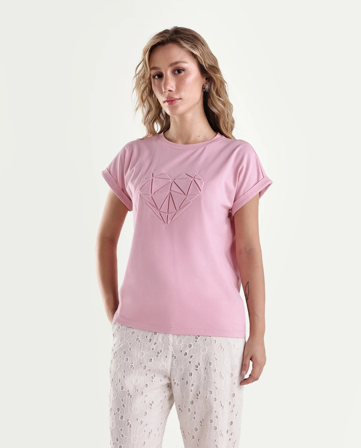 Rareism Women's Moxies Light Pink Cotton Blend Crew Neck Relaxed Object Print T-Shirt