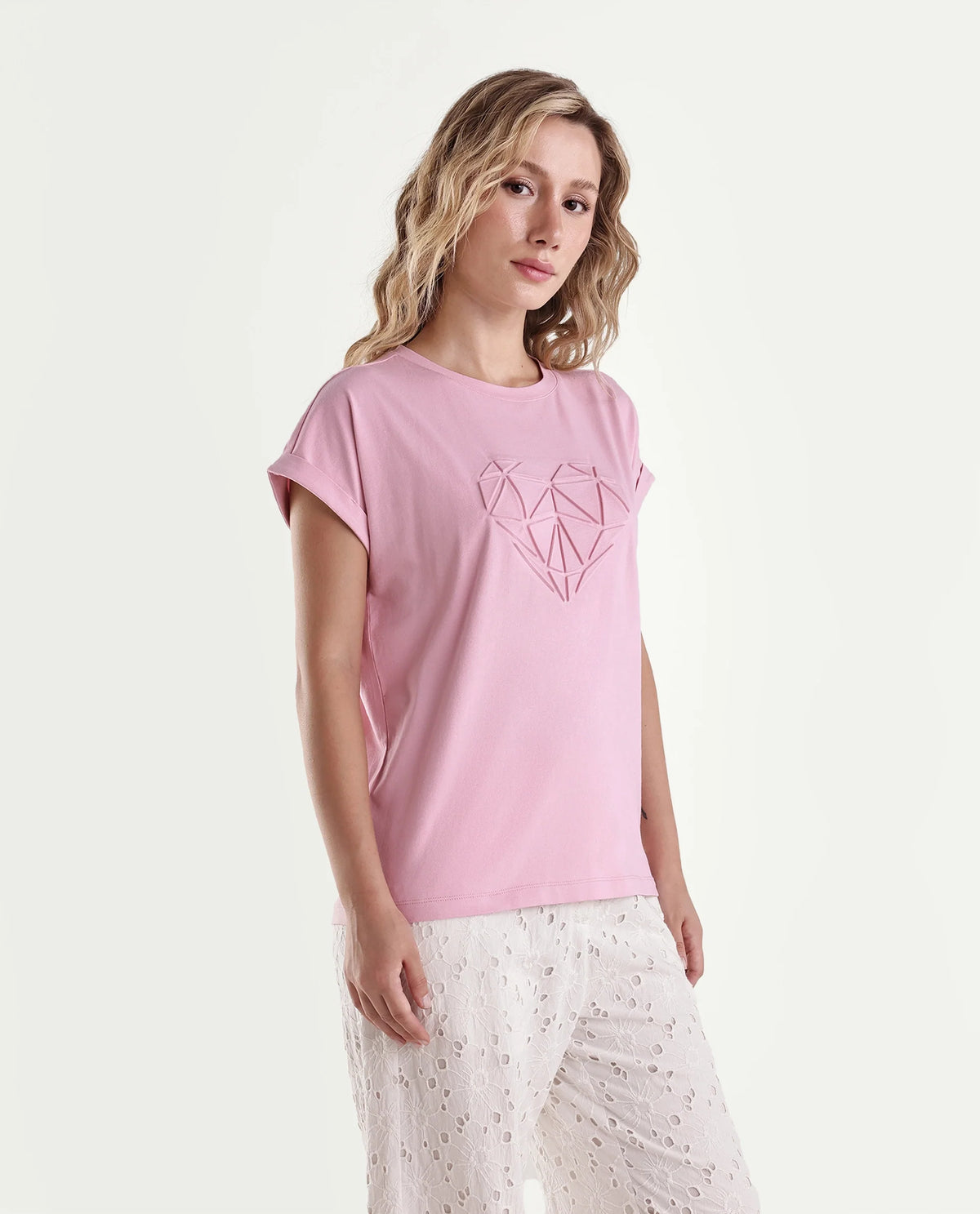 Rareism Women's Moxies Light Pink Cotton Blend Crew Neck Relaxed Object Print T-Shirt