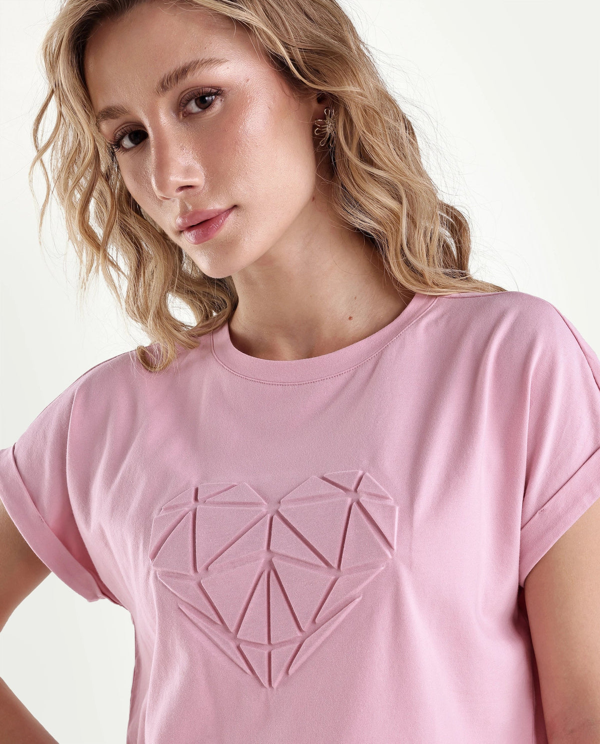 Rareism Women's Moxies Light Pink Cotton Blend Crew Neck Relaxed Object Print T-Shirt