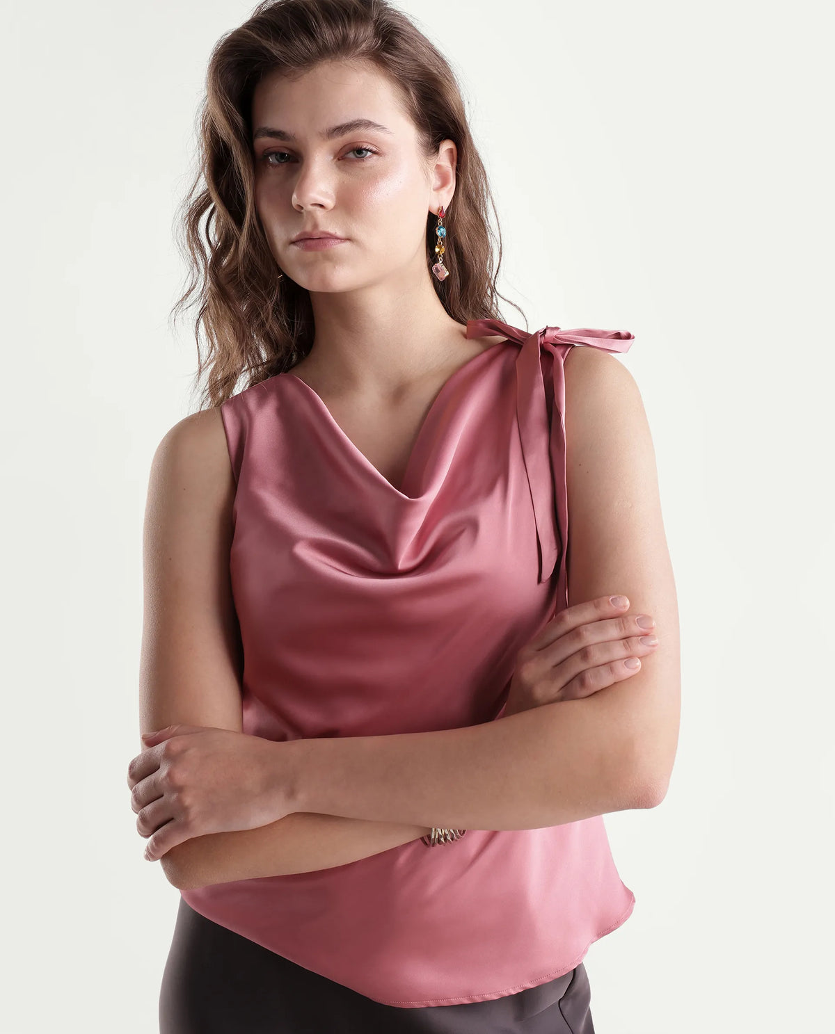 Rareism Women's Snicketti Pastel Pink Cotton Blend Cowl Neck Regular Plain Top