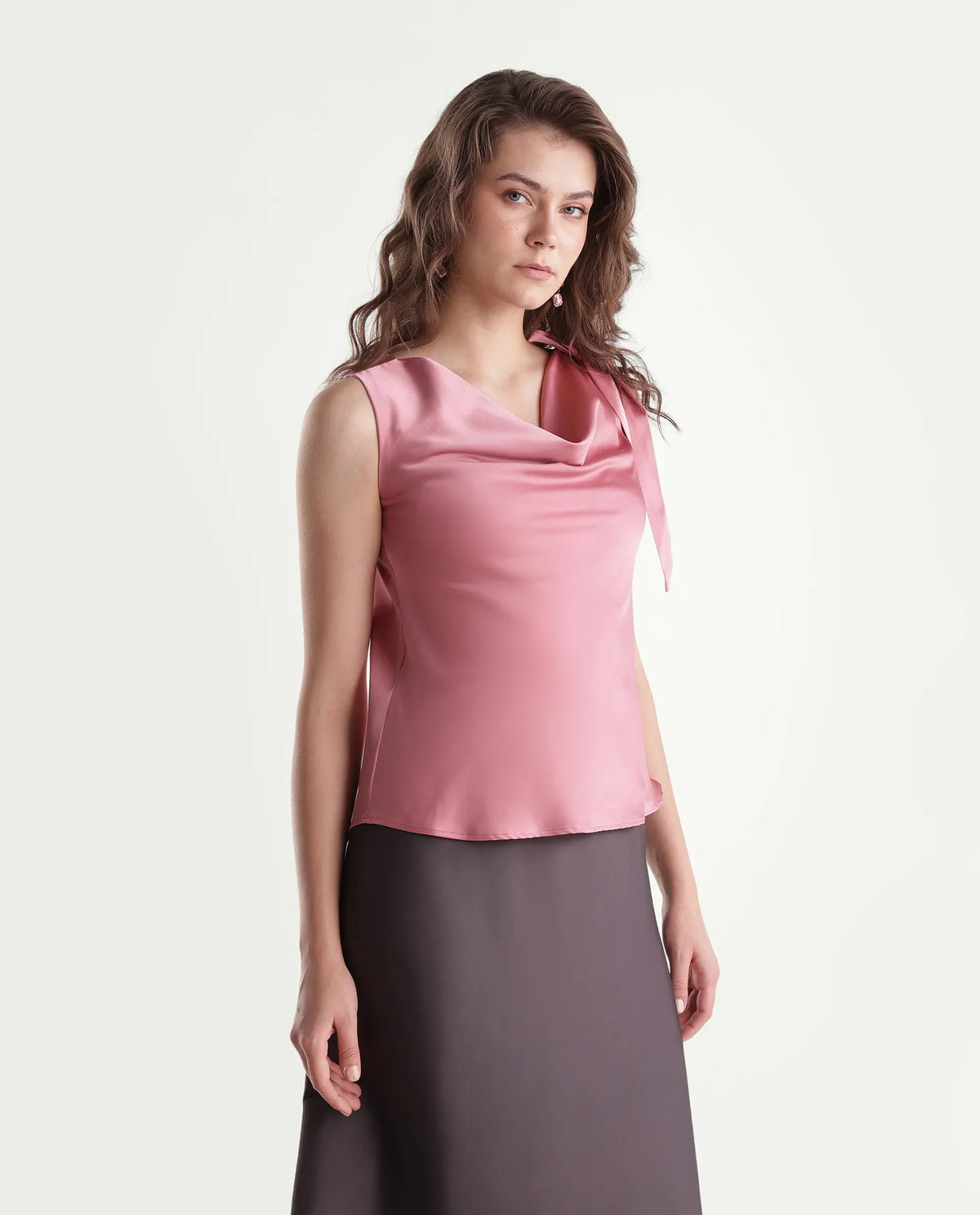 Rareism Women's Snicketti Pastel Pink Cotton Blend Cowl Neck Regular Plain Top