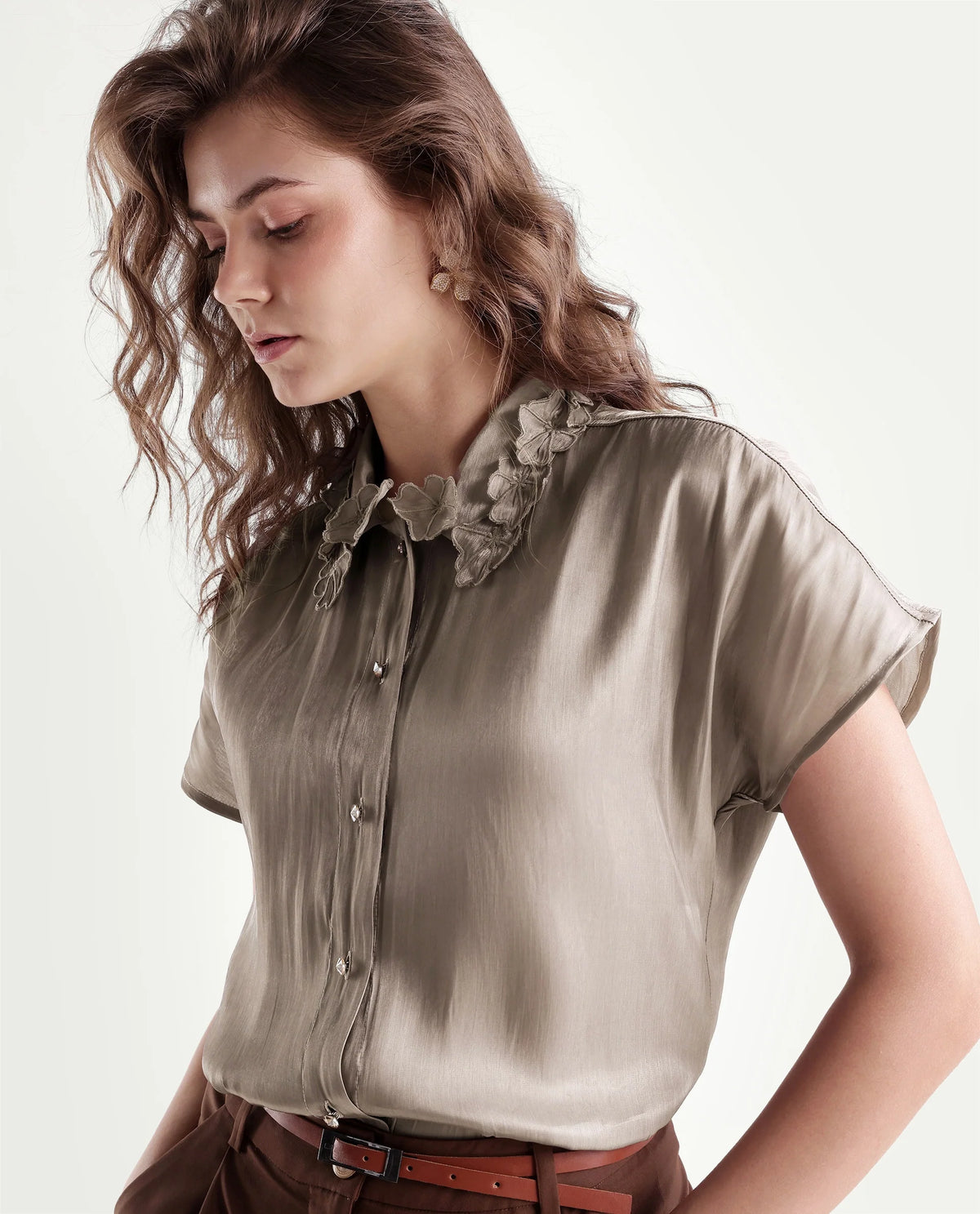 Rareism Women's Xolo Dusky Tan Polyester Spread Collar Regular Plain Top
