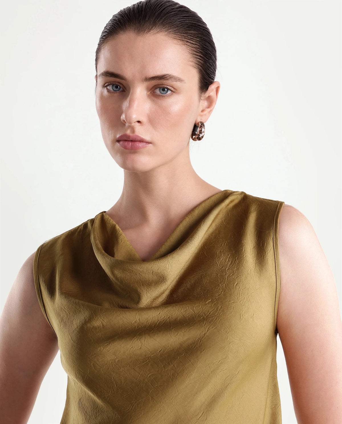 Rareism Women's Xango Gold Polyester Cowl Neck Regular Plain Top