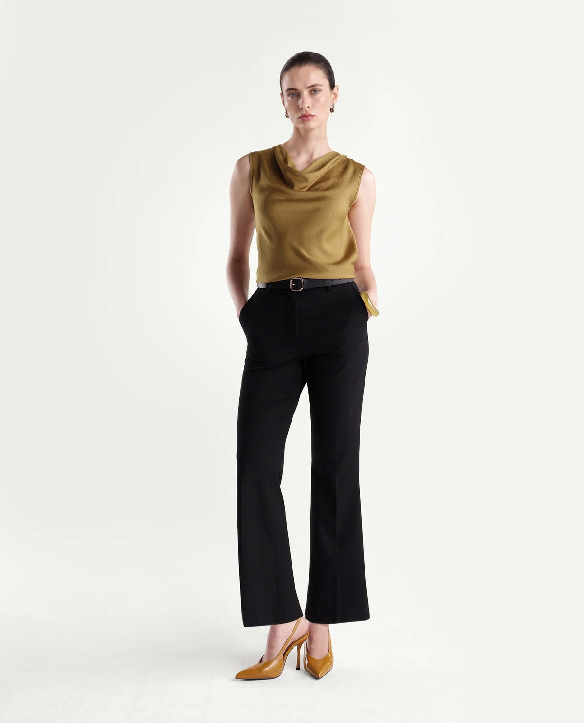 Rareism Women's Xango Gold Polyester Cowl Neck Regular Plain Top