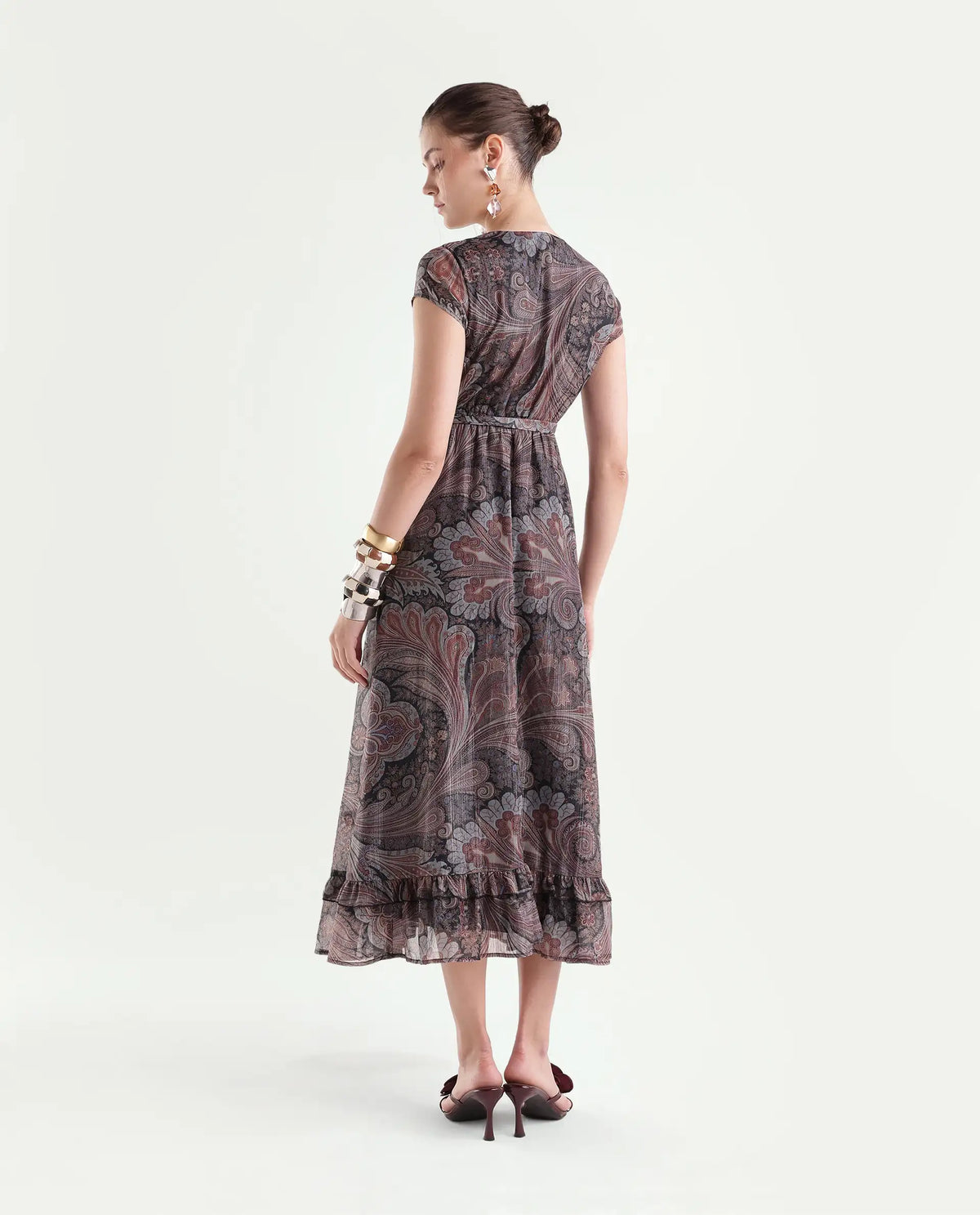 Rareism Women's Xaviera Multi Polyester Blend V-Neck Fit And Flare Paisley Dress