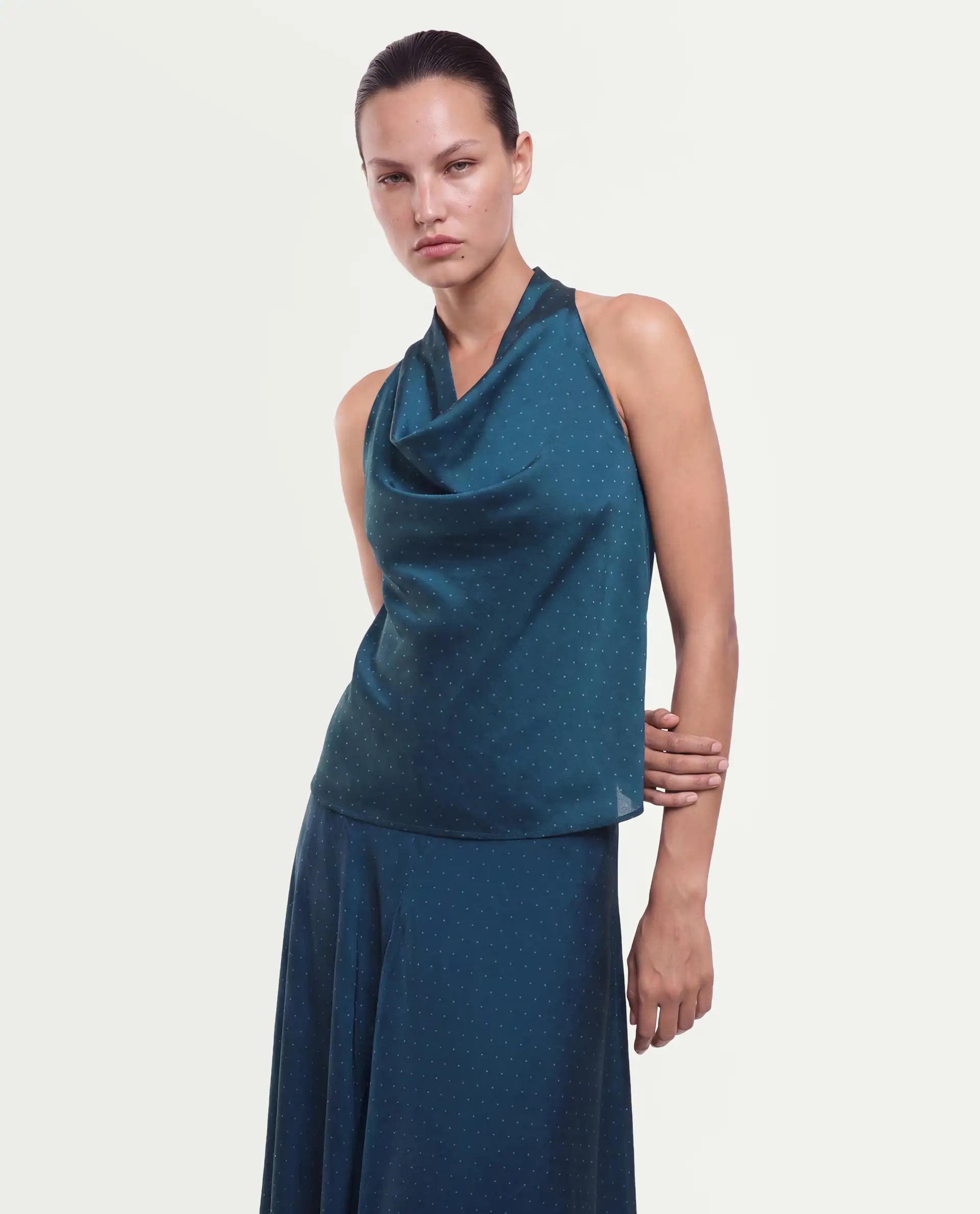 Rareism Women's Xivinij-T Teal Viscose Blend Halter Neck Regular Plain Top