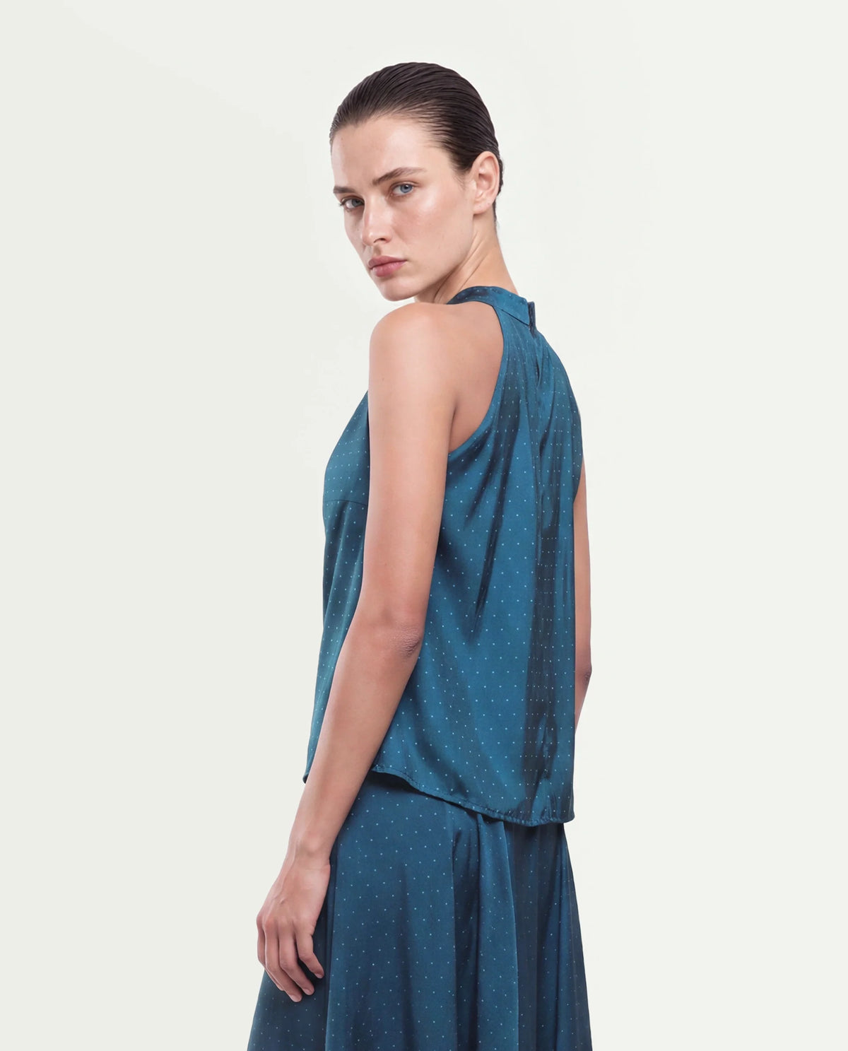 Rareism Women's Xivinij-T Teal Viscose Blend Halter Neck Regular Plain Top