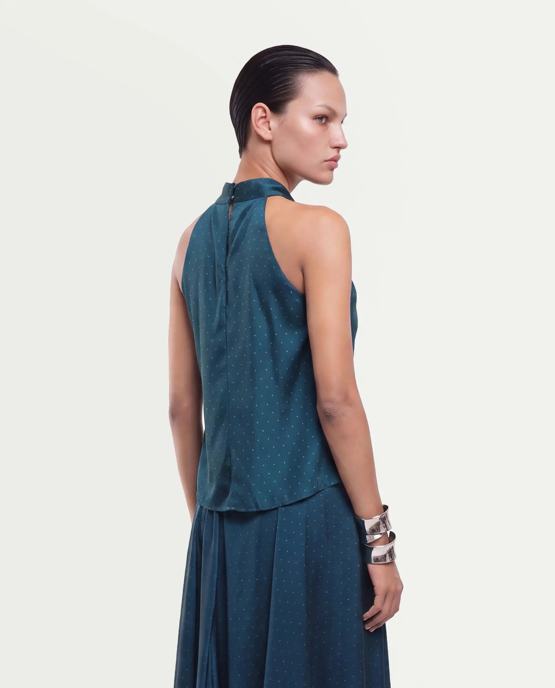 Rareism Women's Xivinij-T Teal Viscose Blend Halter Neck Regular Plain Top
