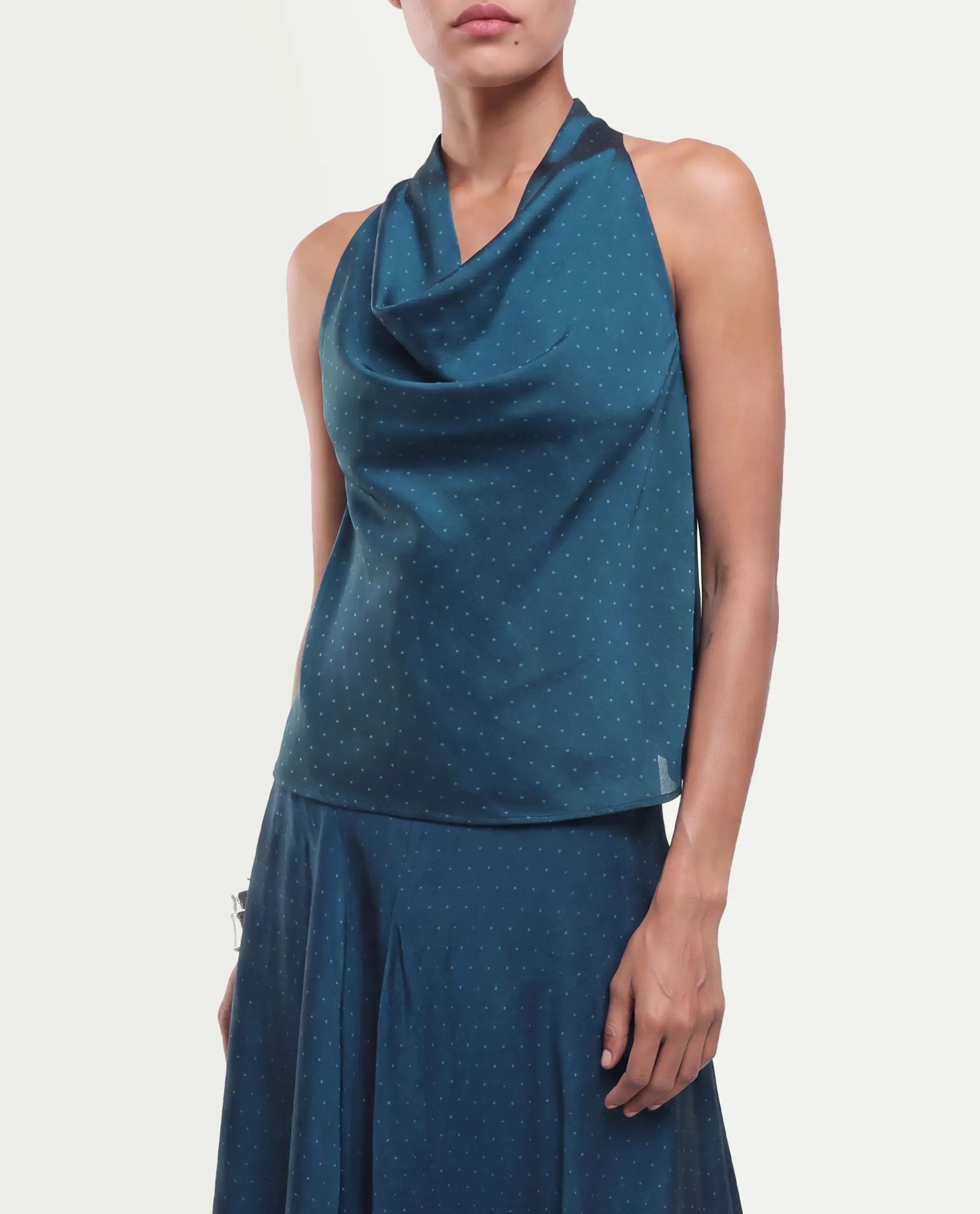 Rareism Women's Xivinij-T Teal Viscose Blend Halter Neck Regular Plain Top