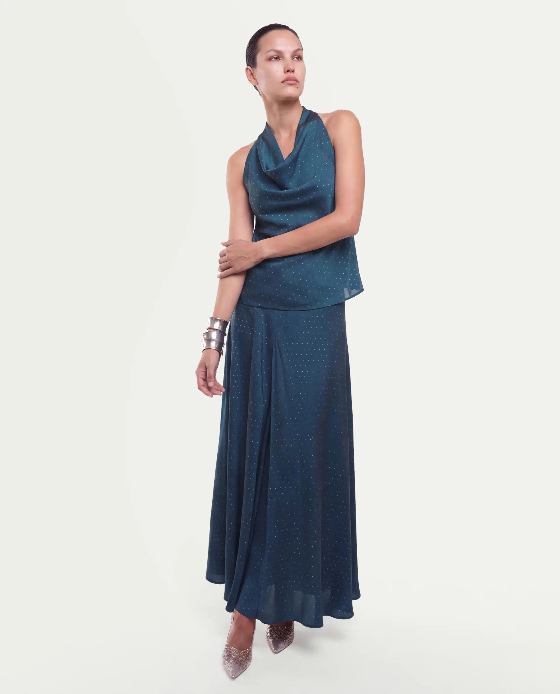 Rareism Women's Xivinij-T Teal Viscose Blend Halter Neck Regular Plain Top