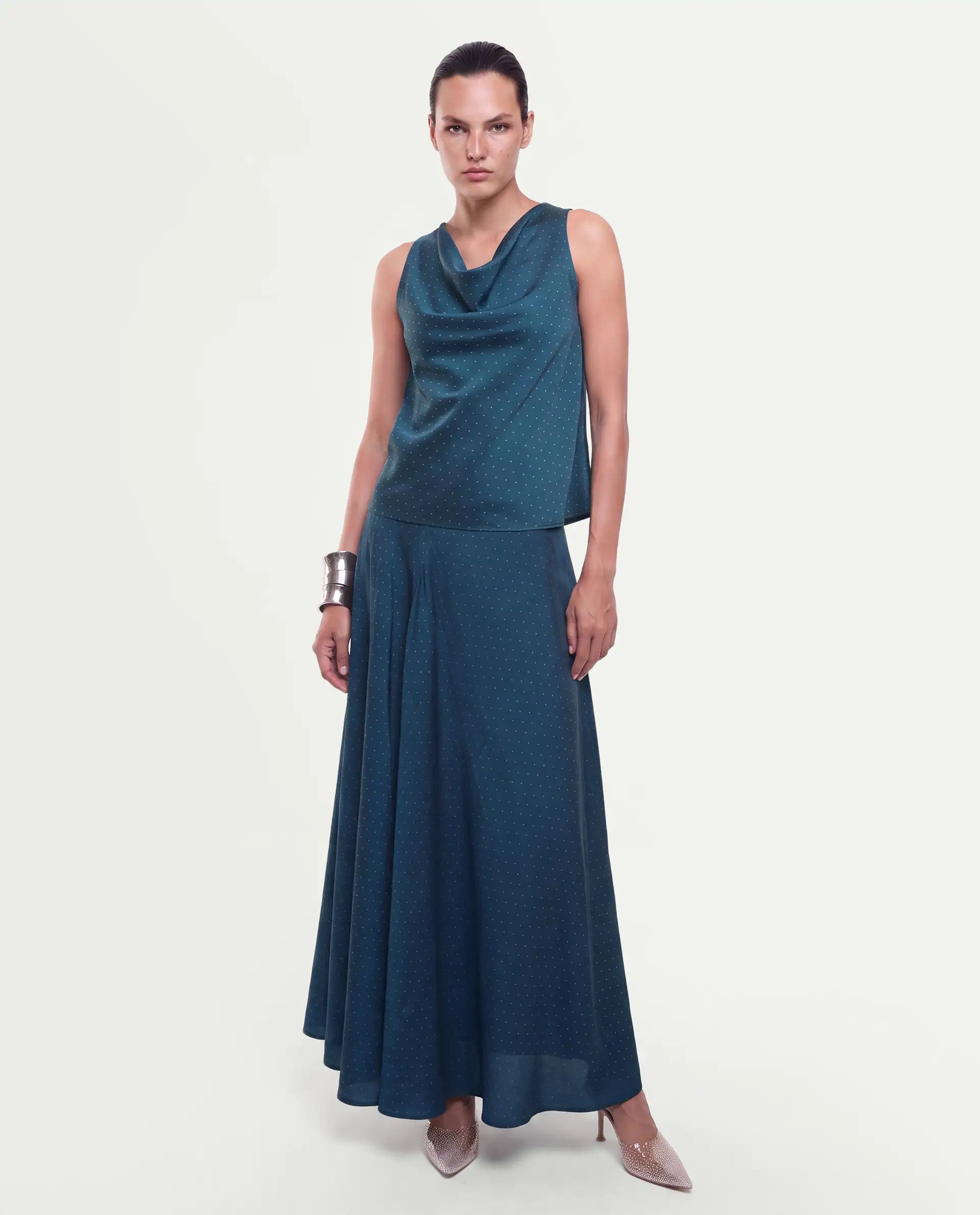 Rareism Women's Xivinij-B Teal Viscose Blend Flared Plain Skirt
