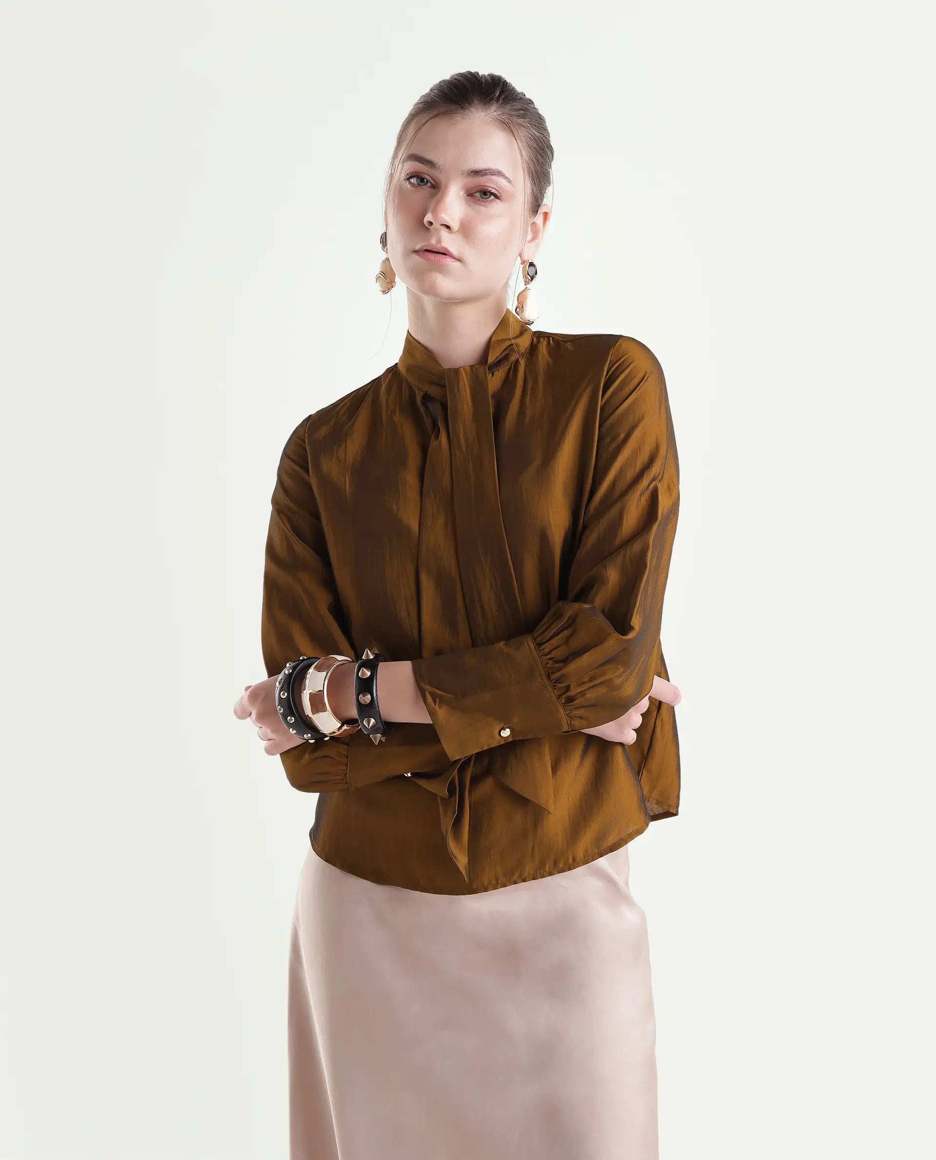 Rareism Women's Xyla Gold Viscose Blend Tie-Up Regular Plain Top
