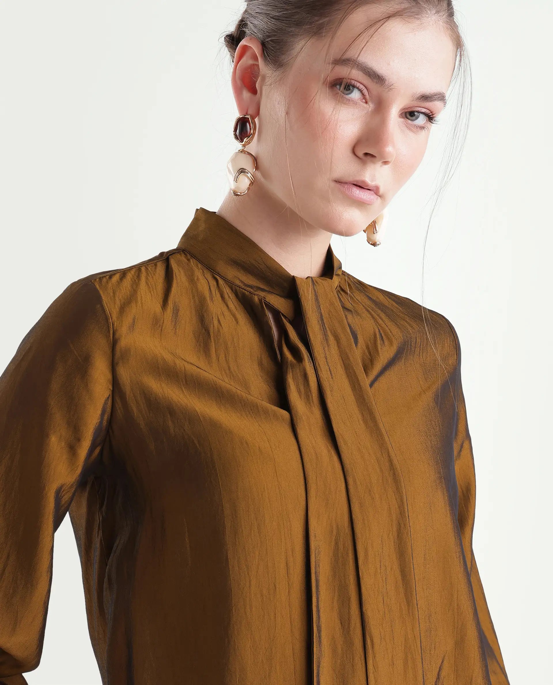 Rareism Women's Xyla Gold Viscose Blend Tie-Up Regular Plain Top