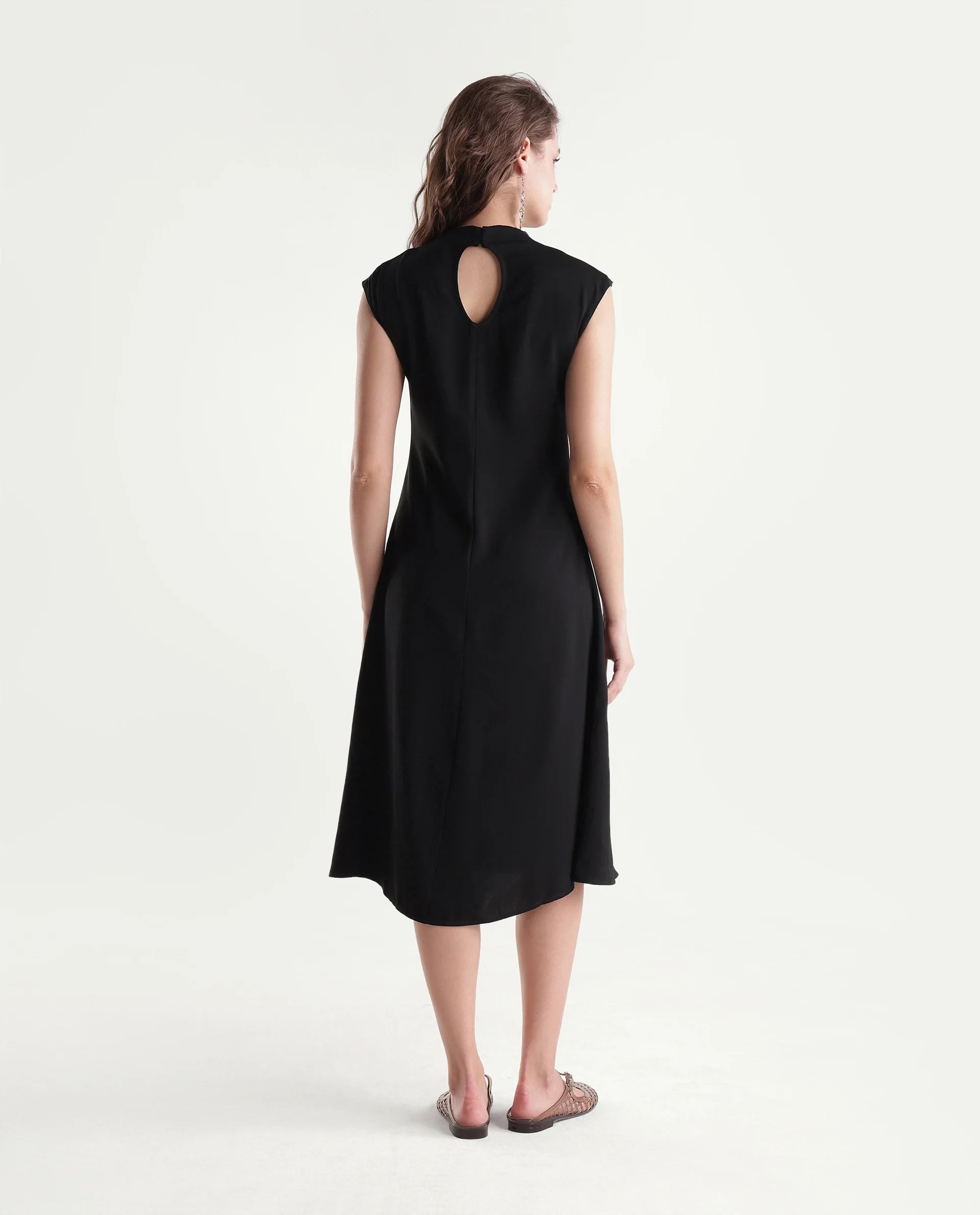 Rareism Women's Xaria Black Polyester High Neck Sheath Floral Print Dress