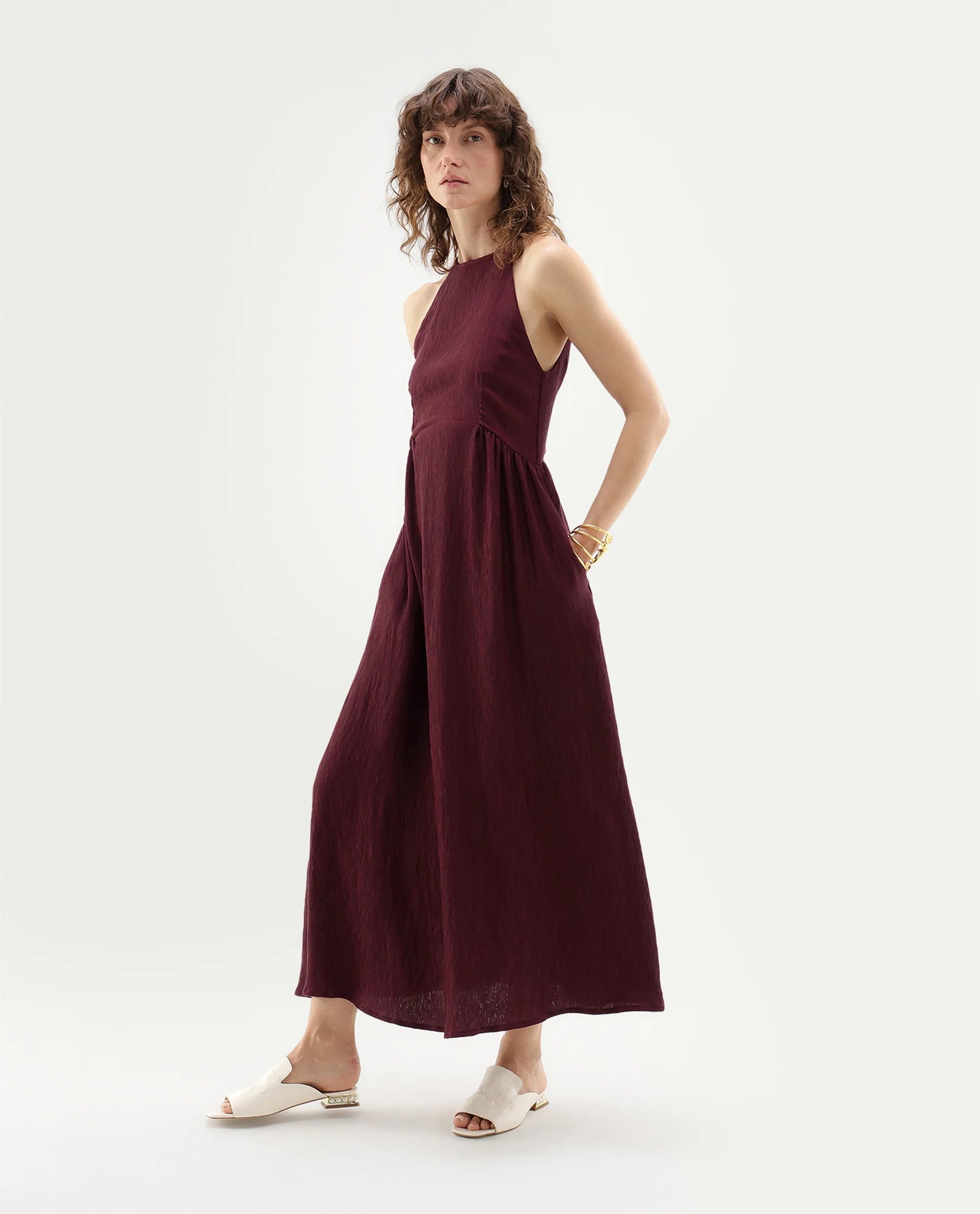 Rareism Women's Xabot Maroon Viscose Blend Halter Neck Sheath Plain Dress
