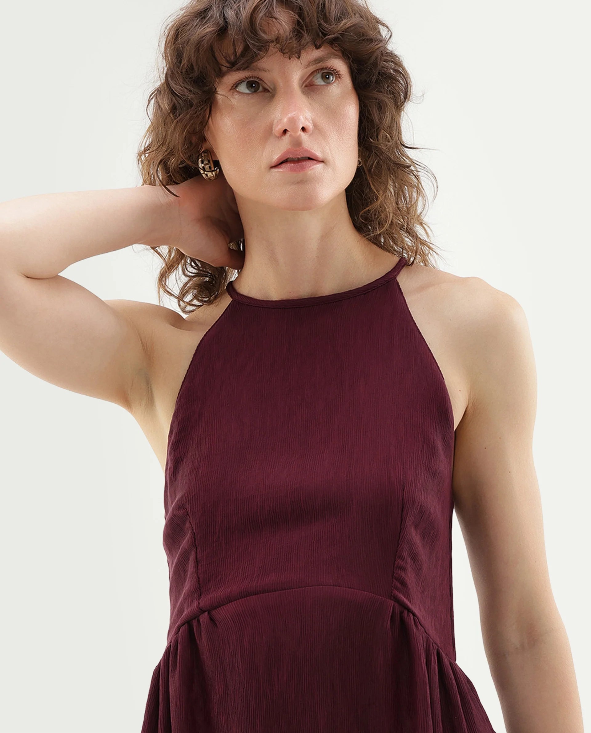 Rareism Women's Xabot Maroon Viscose Blend Halter Neck Sheath Plain Dress