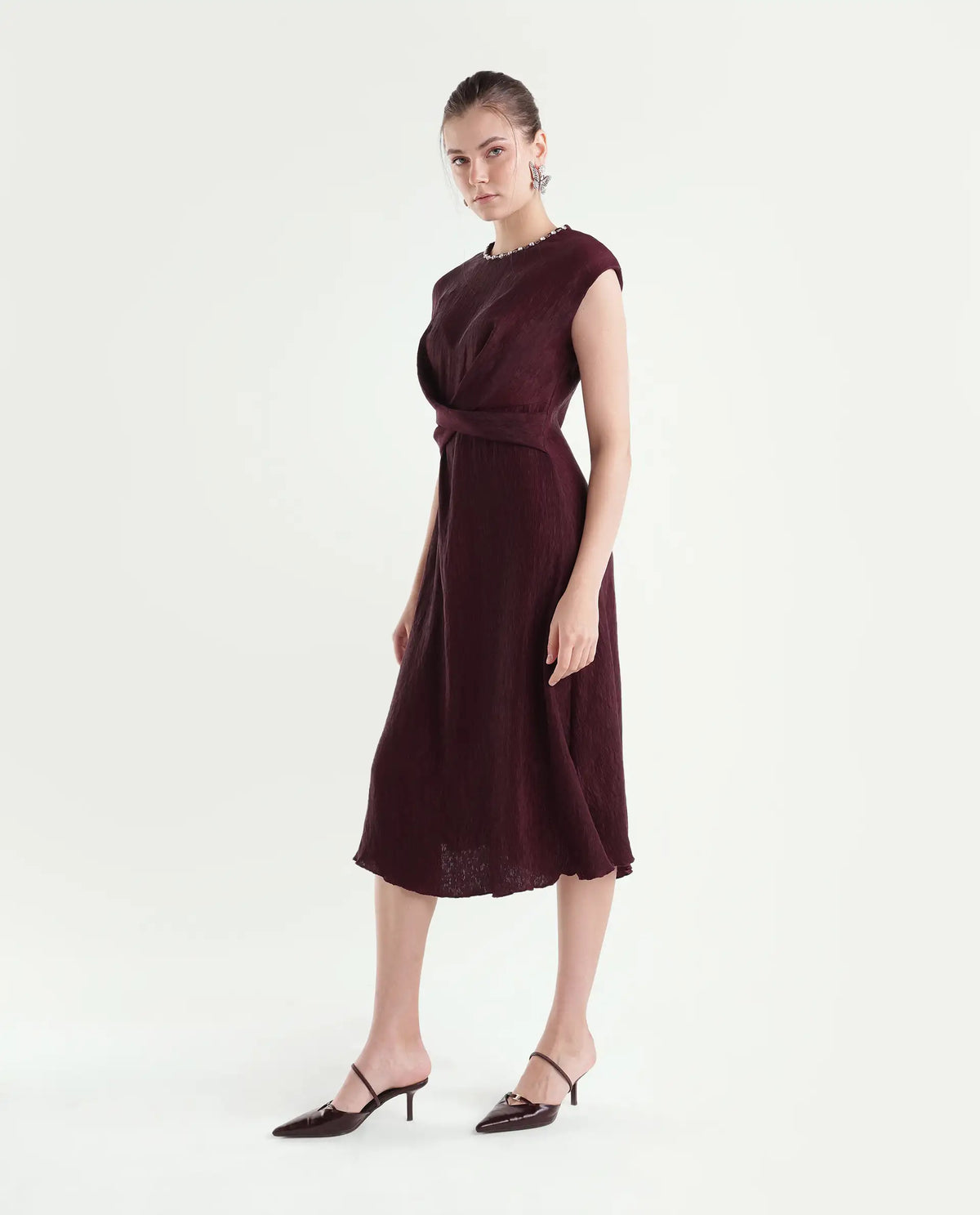 Rareism Women's Xiot Dark Maroon Viscose Blend Crew Neck Fit And Flare Plain Dress