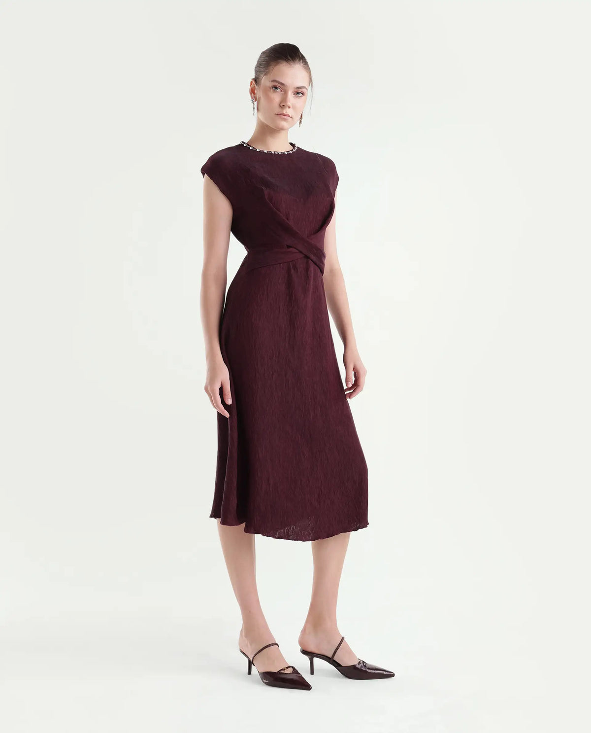 Rareism Women's Xiot Dark Maroon Viscose Blend Crew Neck Fit And Flare Plain Dress